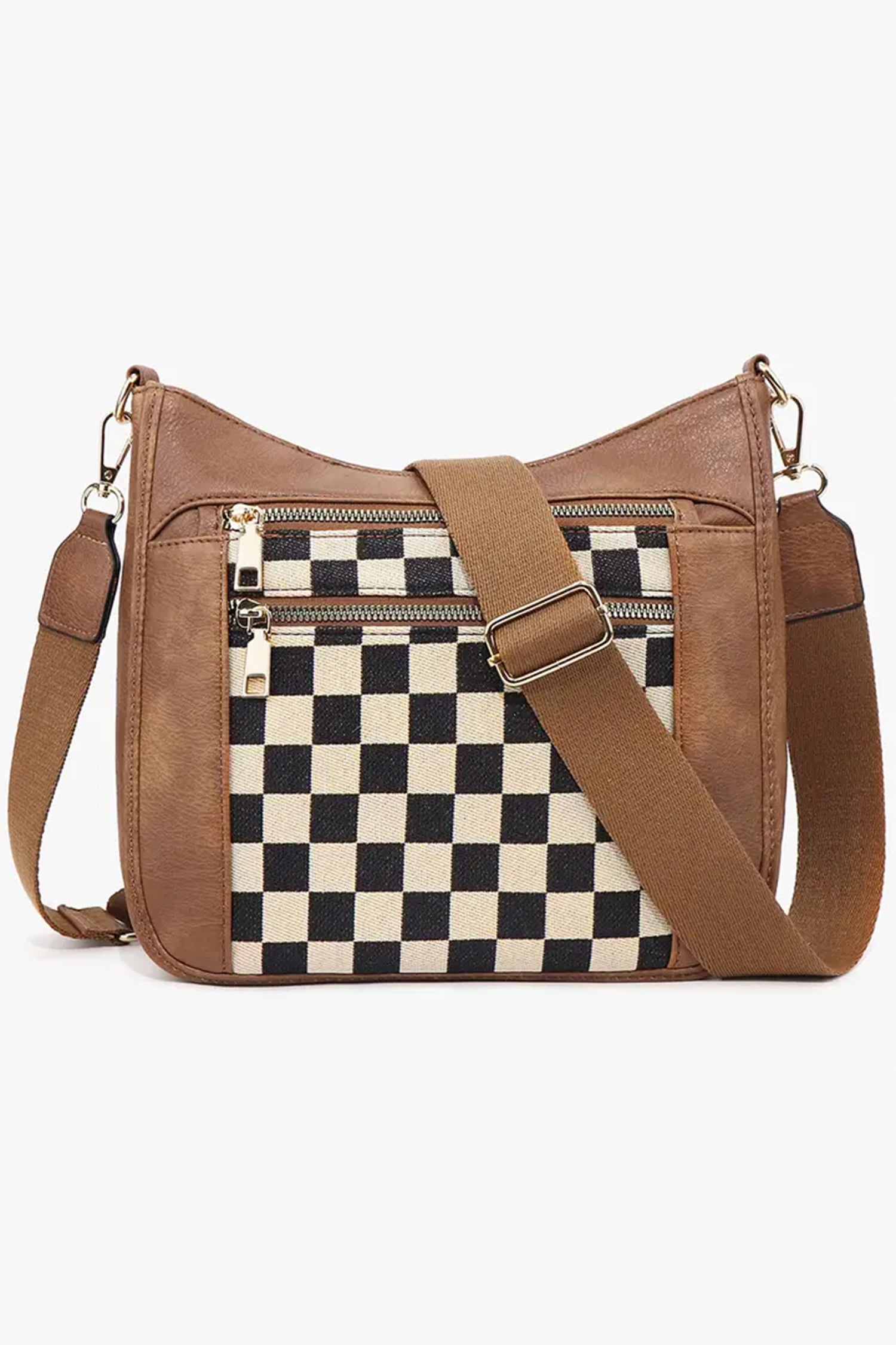 Chestnut Checkered Patchwork Single Shoulder PU Leather Bag
