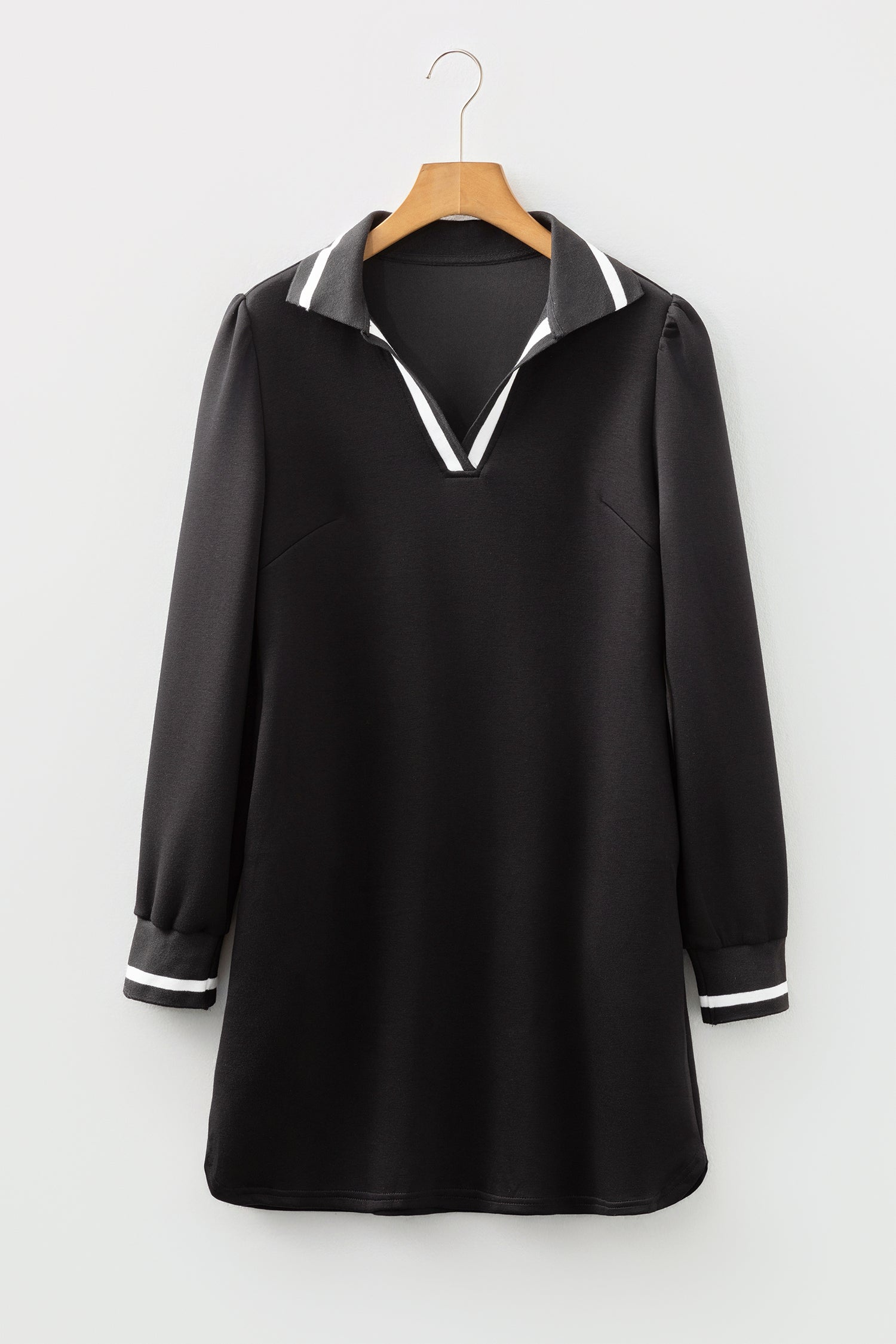 Black Striped Trim V Neck Collared Long Sleeve Shift Mini Dress