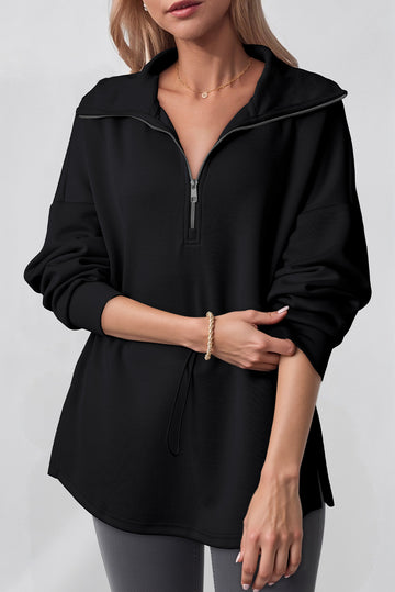 Black Half Zip Large Collar Drawstring Waist Pullover Sweatshirt