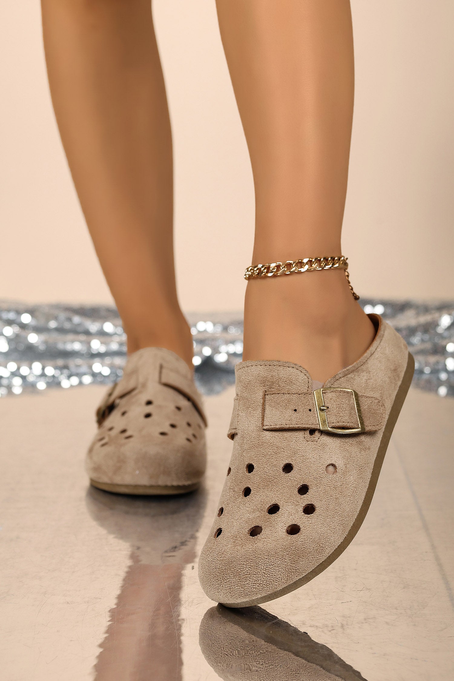 Light French Beige Faux Suede Retro Buckle Hollow Out Casual Mules Slippers