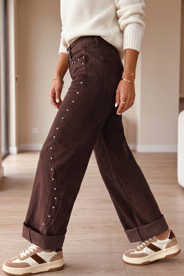 Coffee Side Seam Rivet Detail Ankle Length Casual Jeans