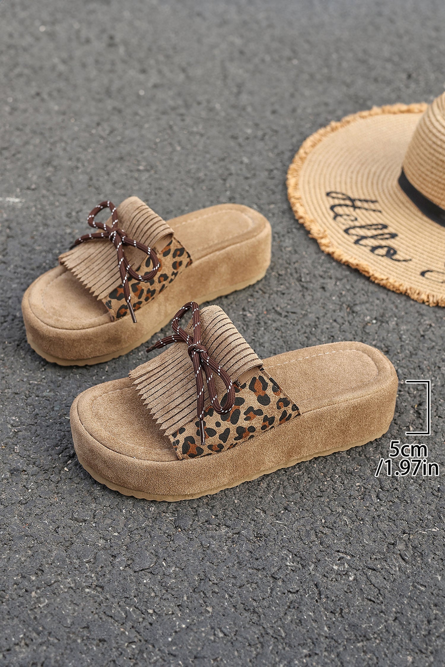 Coffee Leopard Faux Suede Slashed Lace-up Detail Platform Slippers