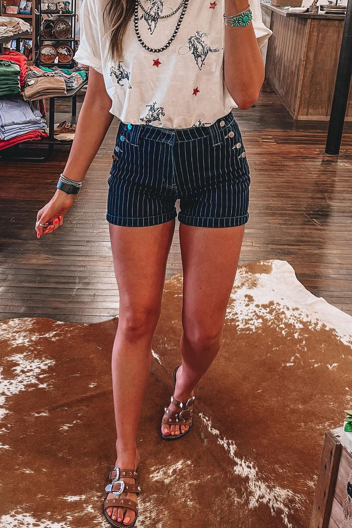 Blue Stripe Metal Button Detail Womens Denim Shorts