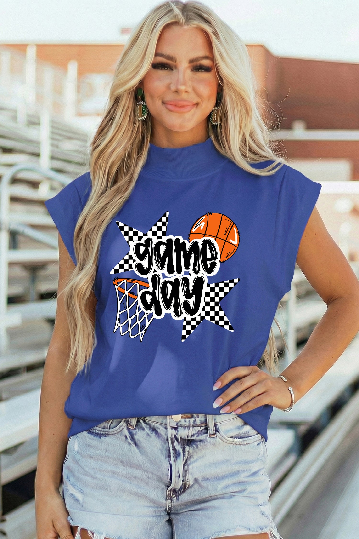 Sky Blue game day Basketball Motif Printed High Neck Tee