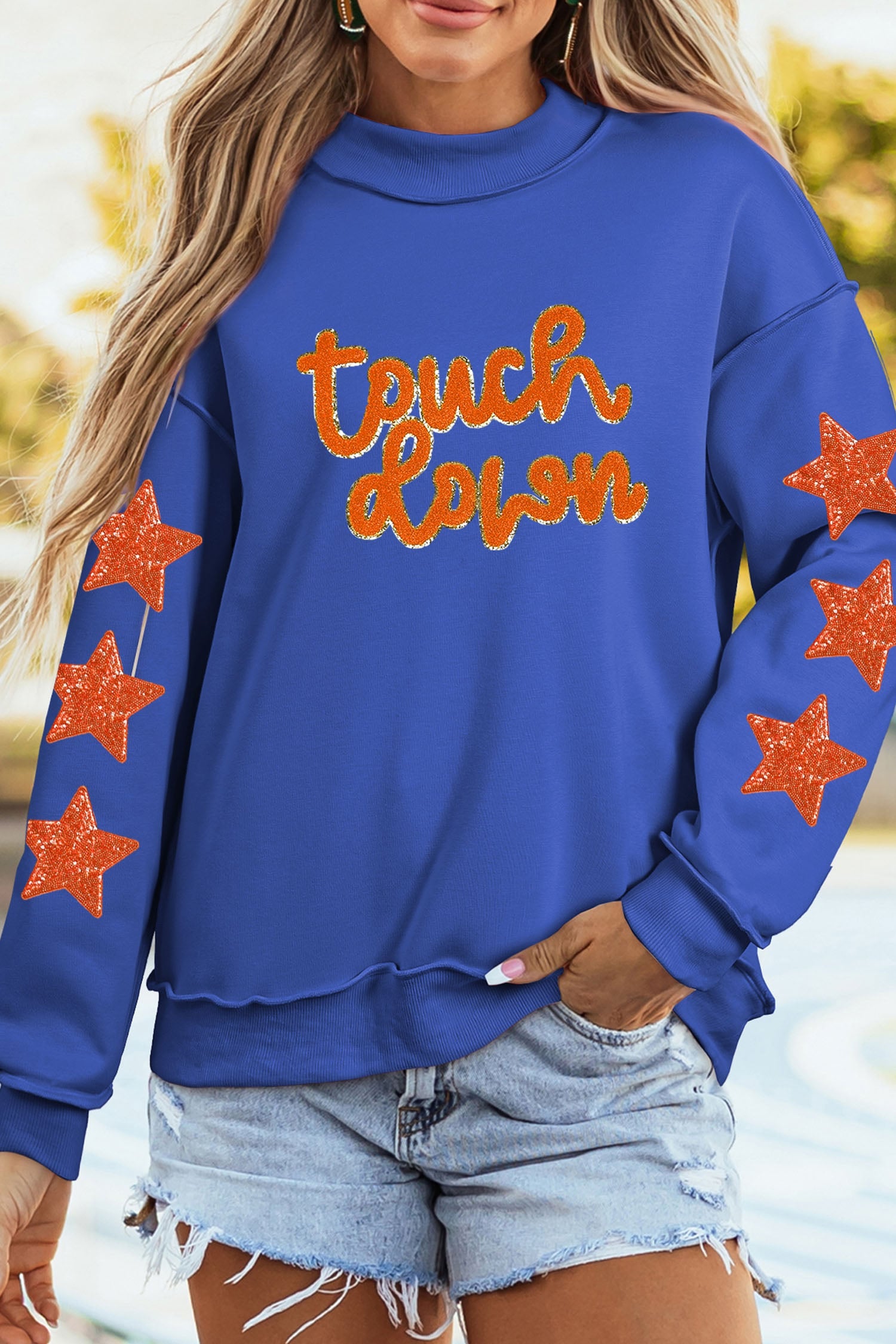 Dark Blue Touchdown Chenille Lettering Sequin Star Patched Mock Neck Sweatshirt