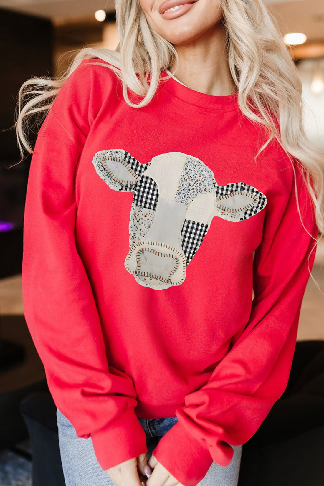 Red Western Patchwork Cow Print Drop Shoulder Graphic Sweatshirt
