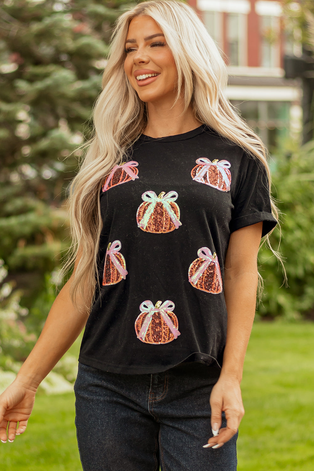 Black Sequin Bow Pumpkin Patched Cotton Blend T Shirt