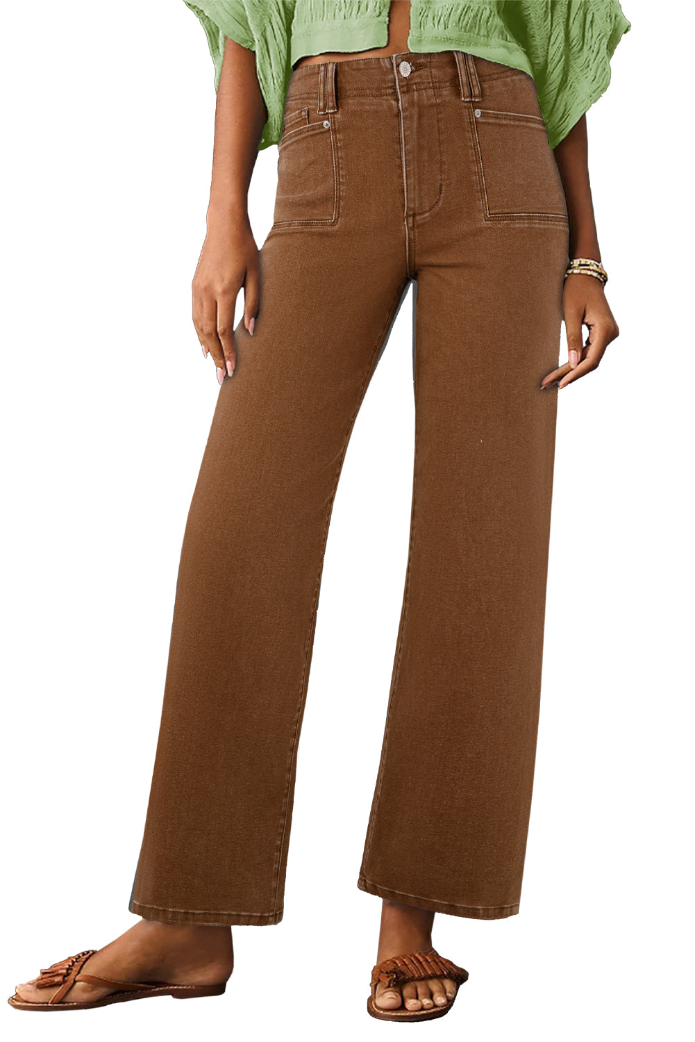 Brown Solid Color Washed Chic Pocket Straight Leg Jeans