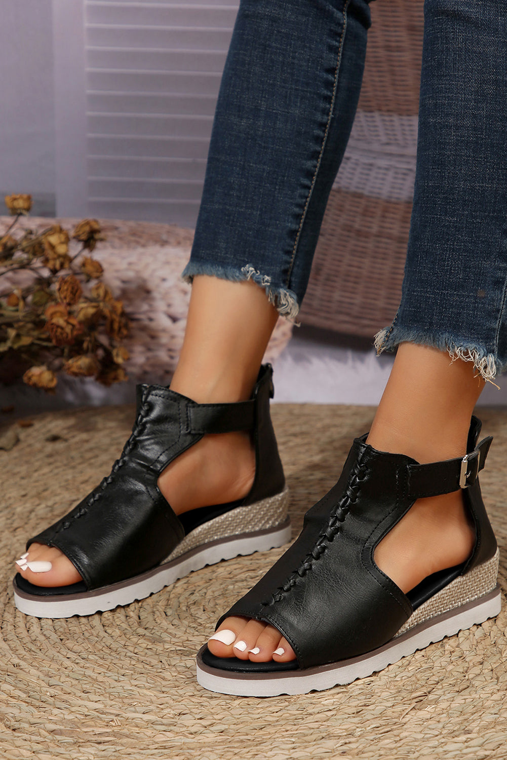 Black PU Cutout Buckle Strap Platform Sandals