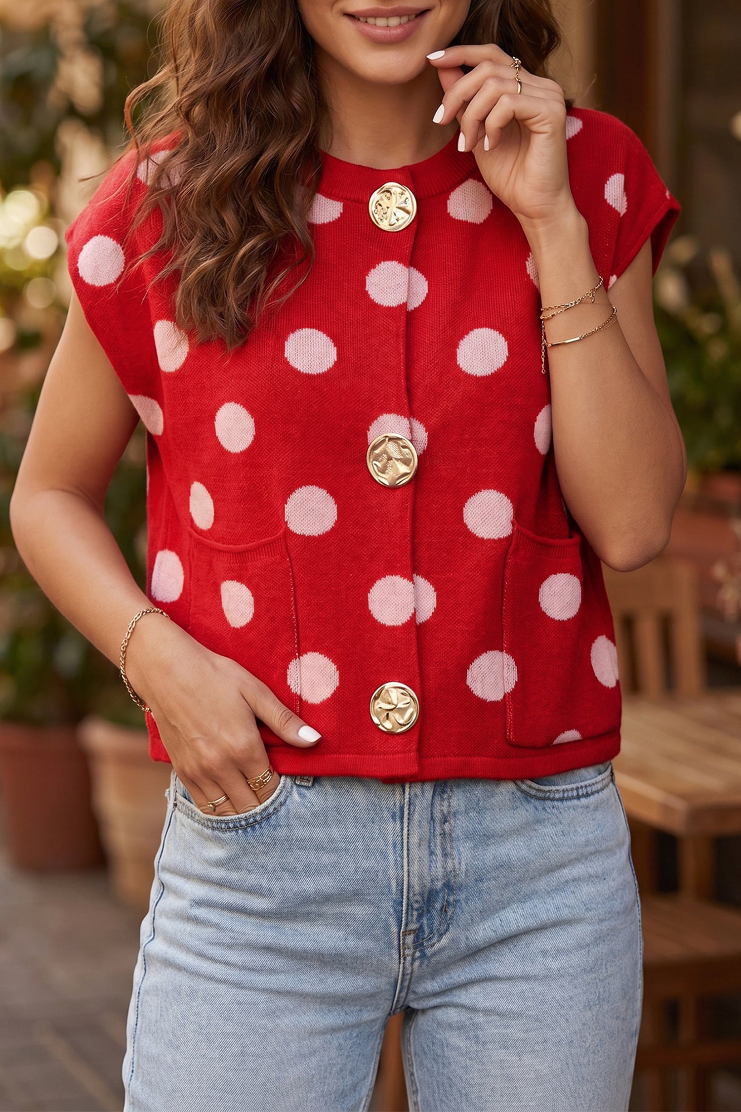 Red Polka Dot Sleeveless Knit Button Drop Shoulder Sweater Vest