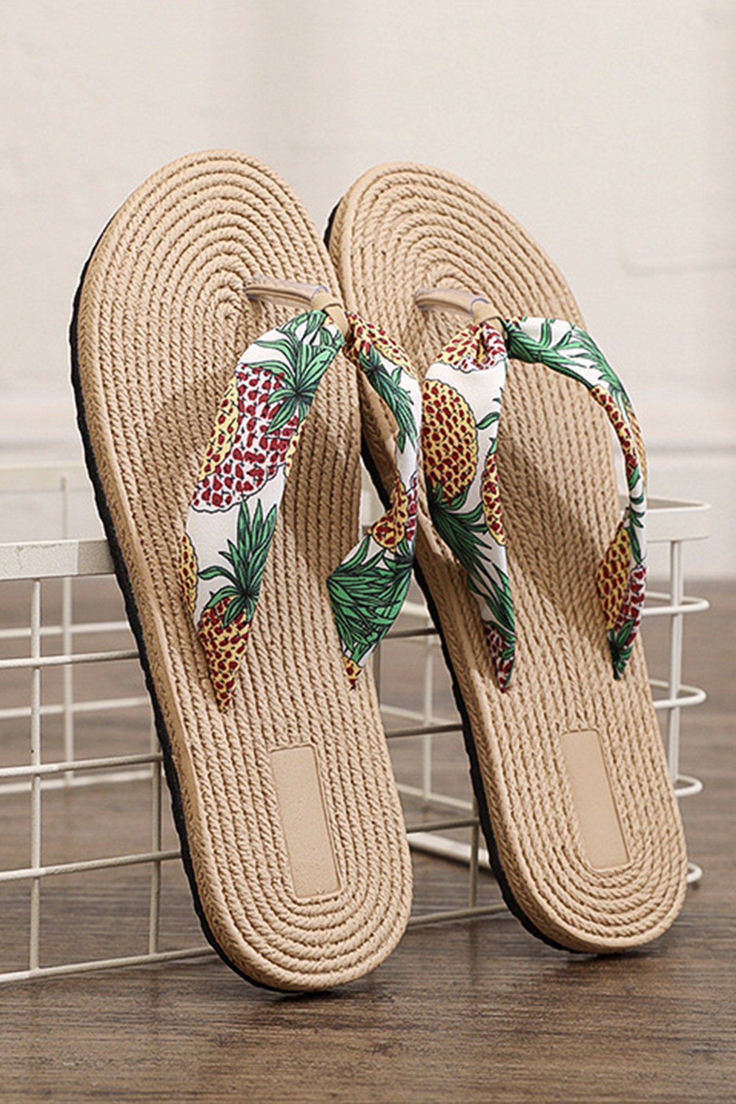 Parchment Tropical Beach Vacation Pineapple Printed Flip Flops