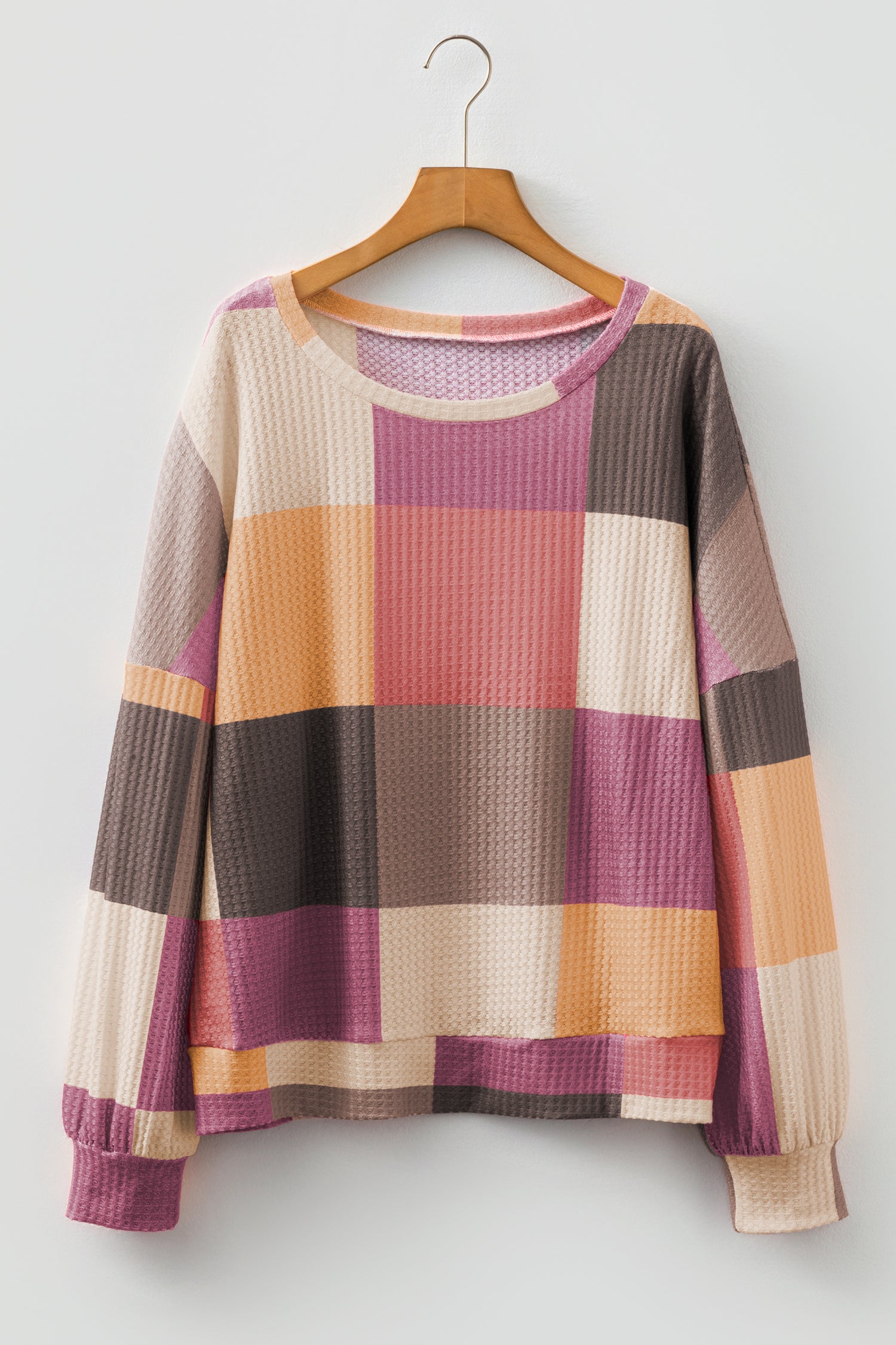 Rose Red Checkered Print Textured Knit Long Sleeve Loose Top