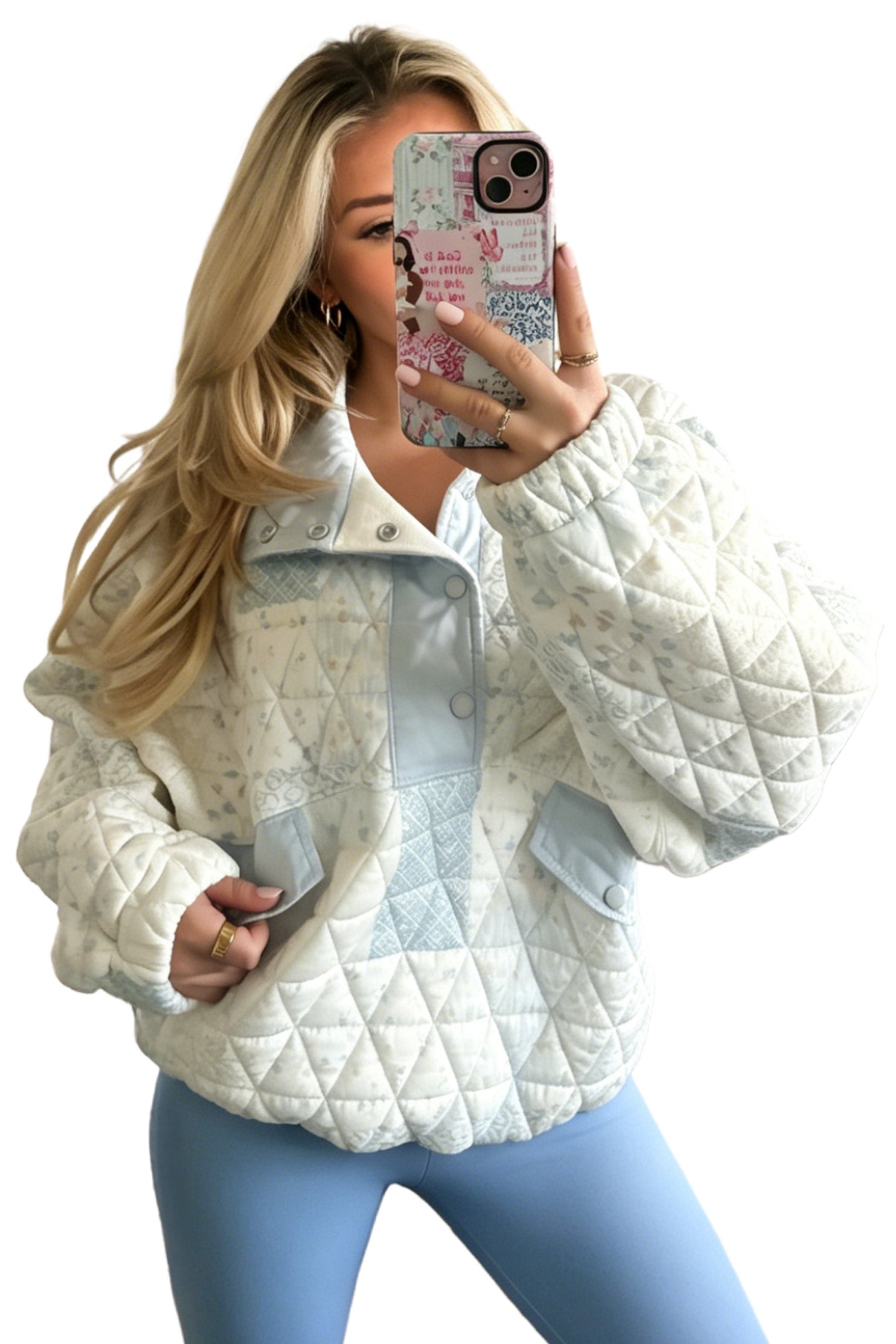 Multicolour Floral Quilted Jacket Collar Long Sleeve Shift Pullover Sweatshirt