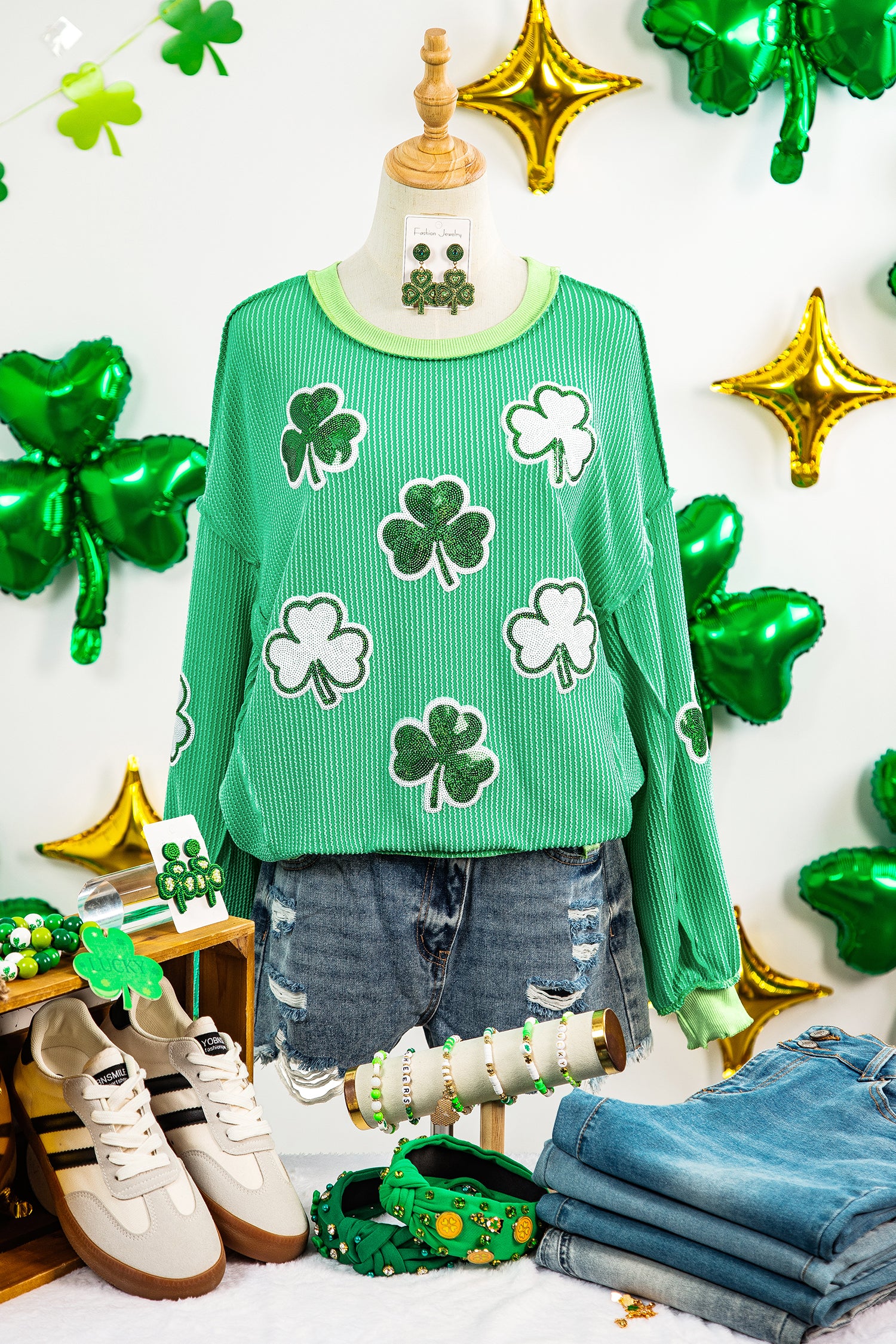 Bright Green Twisted Rib Sequin Clover Patched Color Block Detail Loose Pullover Top