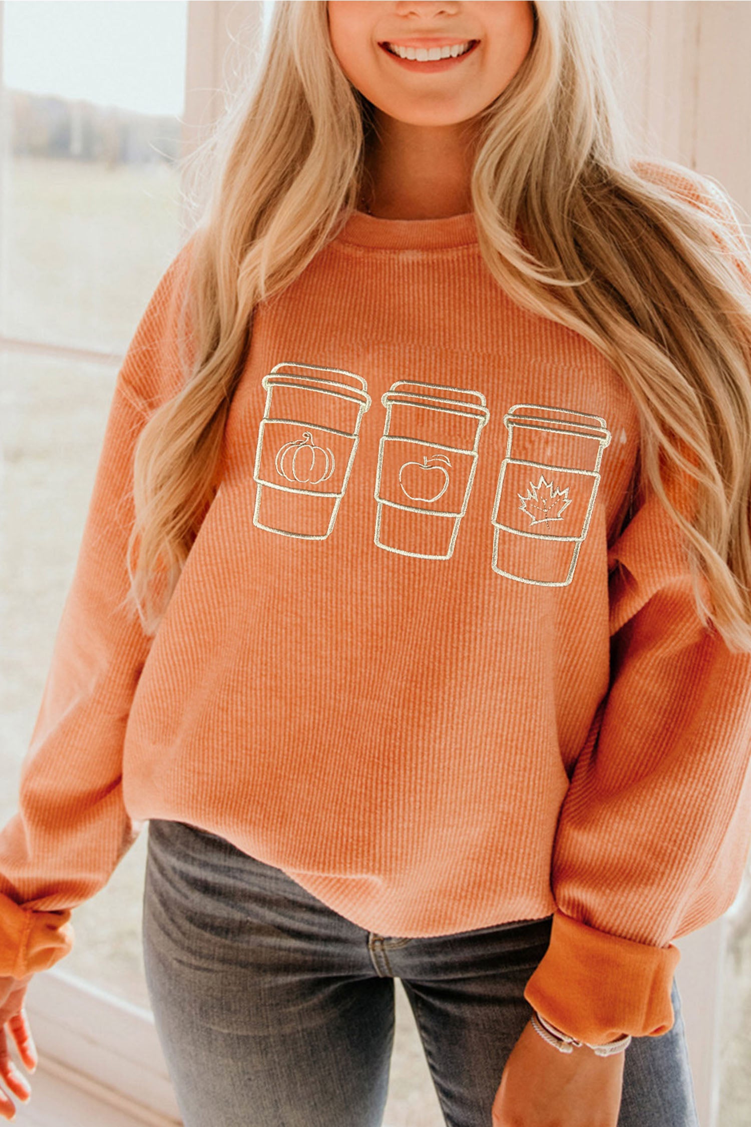 Orange Ribbed Texture Embroidered Fall Drinks Graphic Sweatshirt