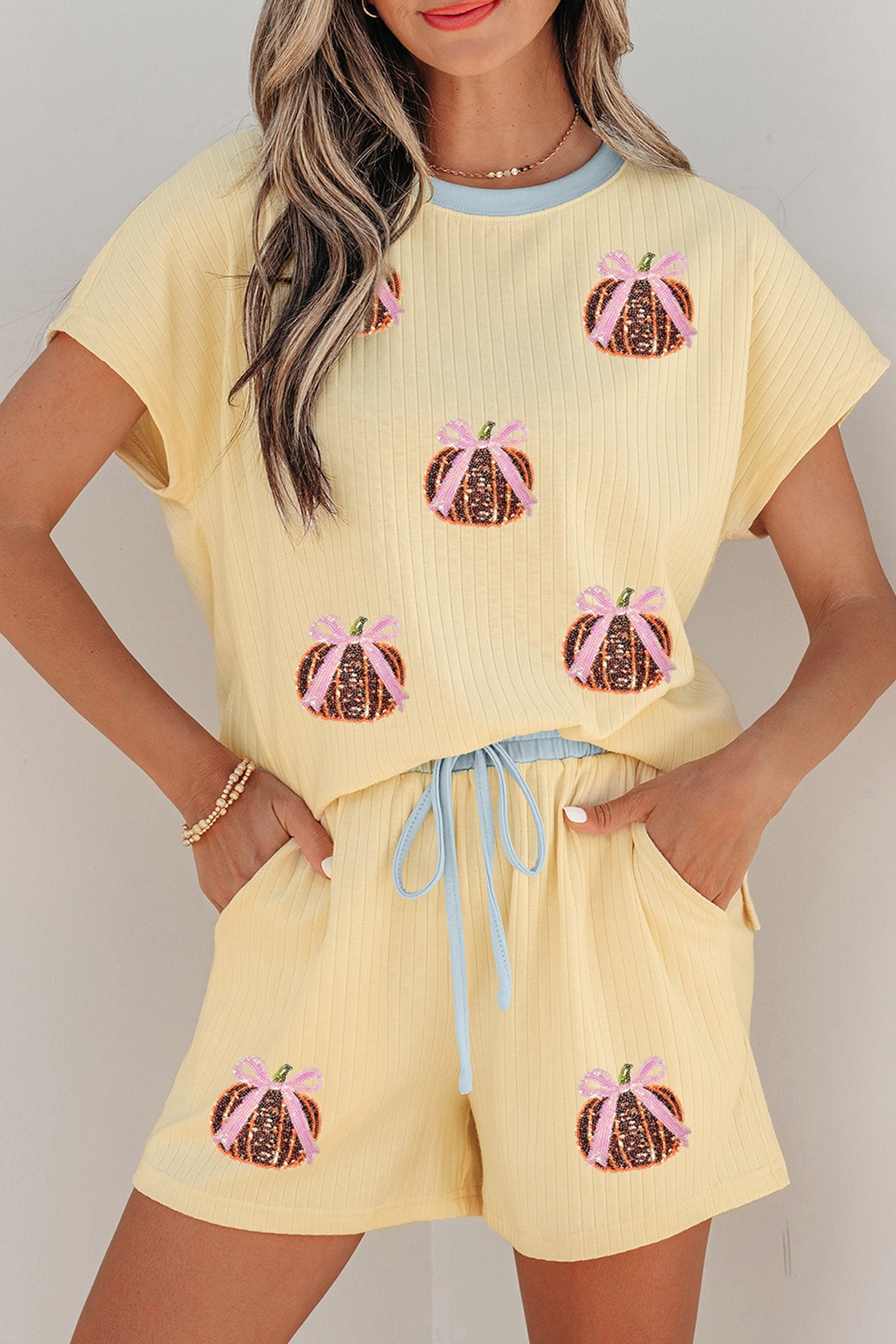 Yellow Cream Ribbed Knit Pumpkin Sequin Patch Graphic Short 2pcs Set
