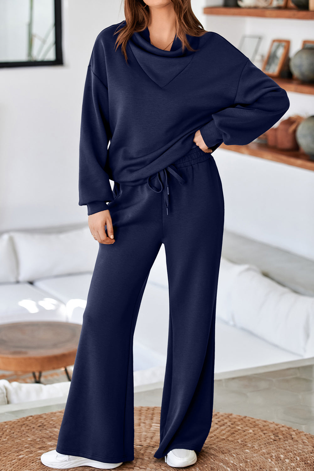 Navy Blue Solid Color Cowl Neck Drawstring Pullover Wide Leg Athleisure Pants Set