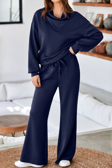 Navy Blue Solid Color Cowl Neck Drawstring Pullover Wide Leg Athleisure Pants Set