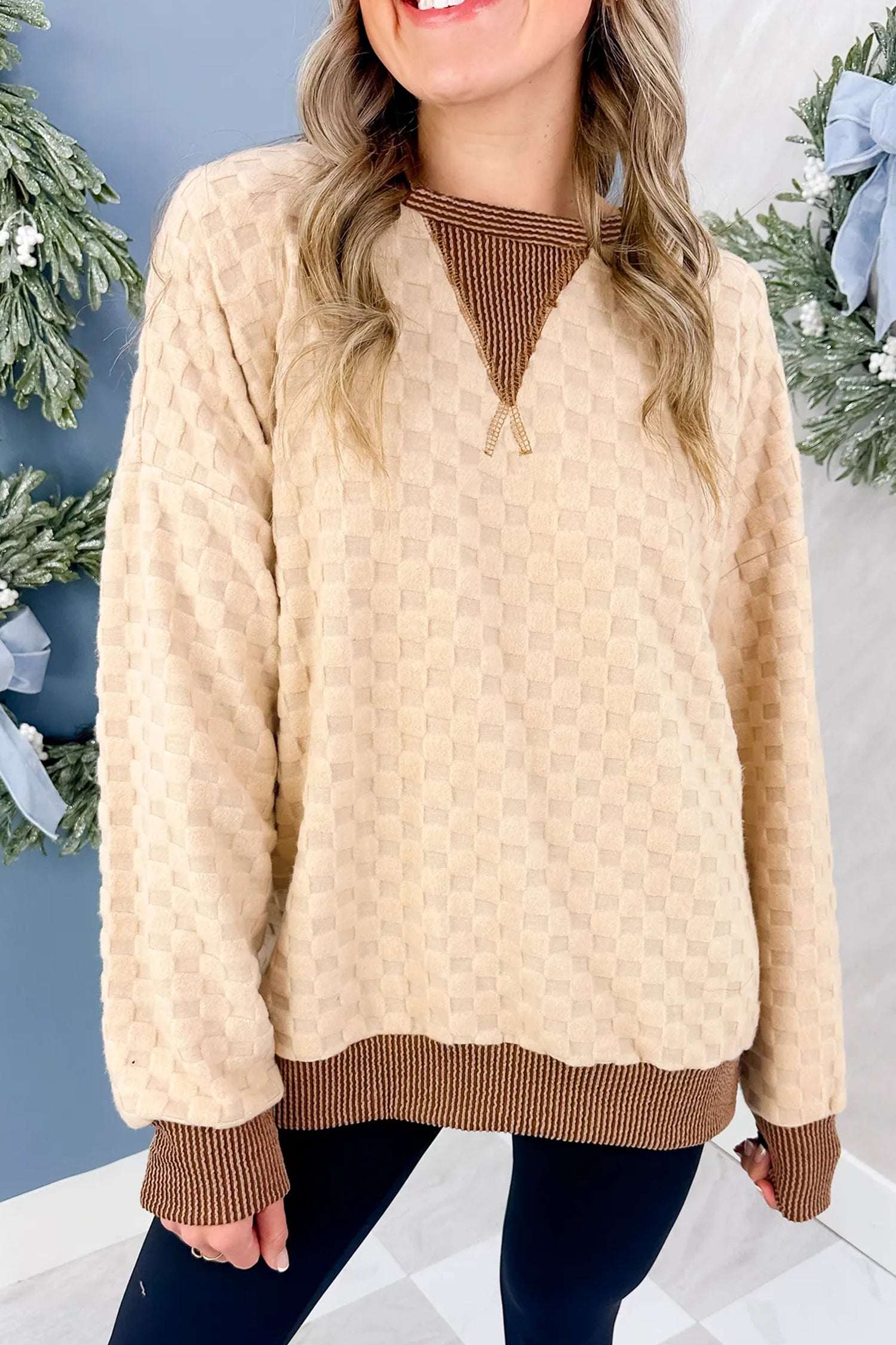 Parchment Plush Checkered Contrast Twisted Rib Long Sleeve Top