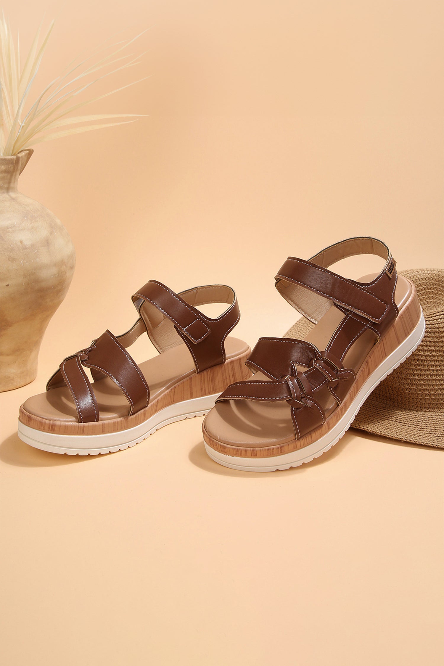 Coffee Low Cut PU Leather Slip-on TPR Sole Casual Sandals