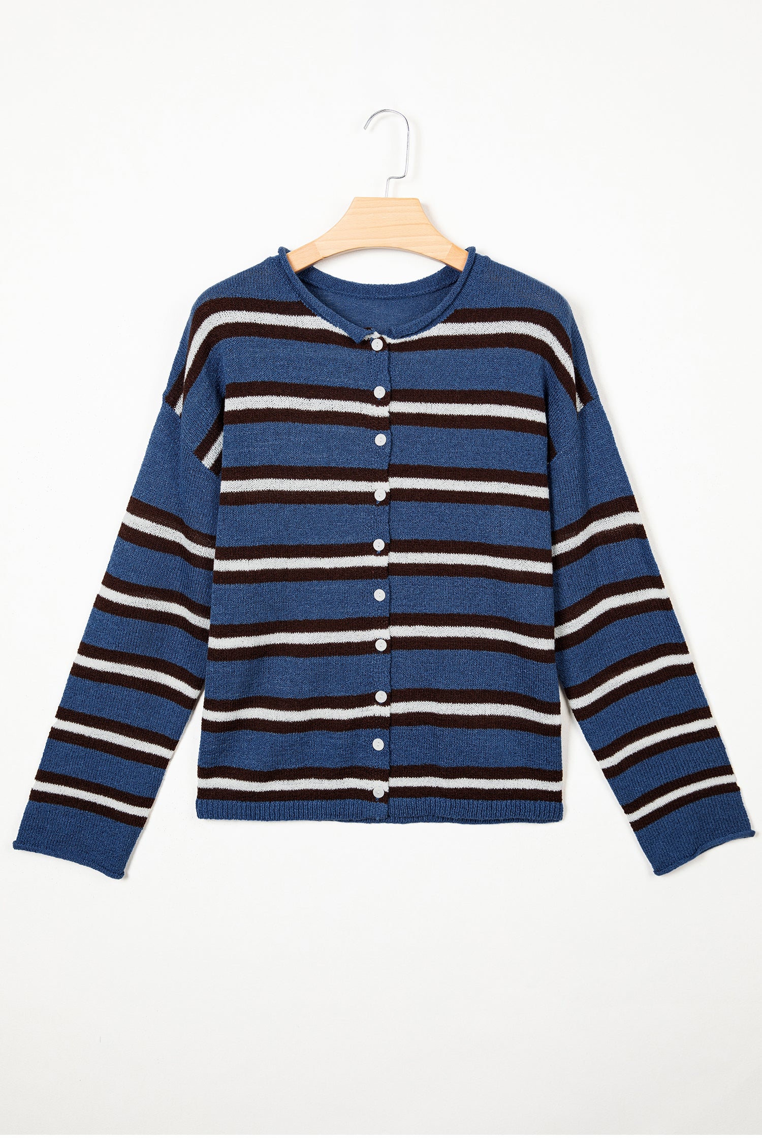 Blue Stripe Striped Drop Shoulder Button Cardigan