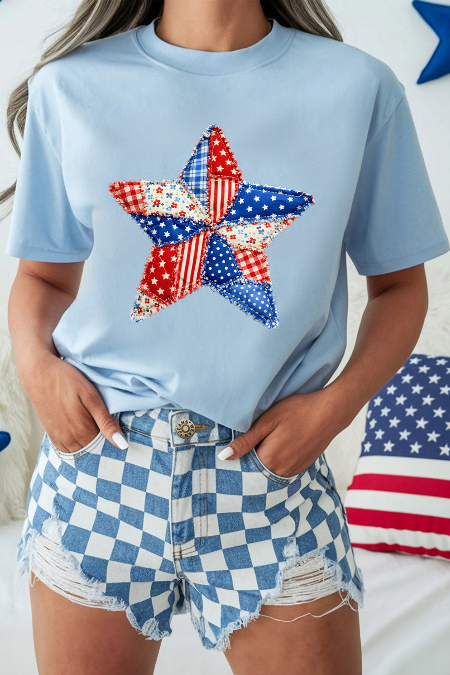 Light Blue Patriotic Patchwork Star Graphic T-Shirt