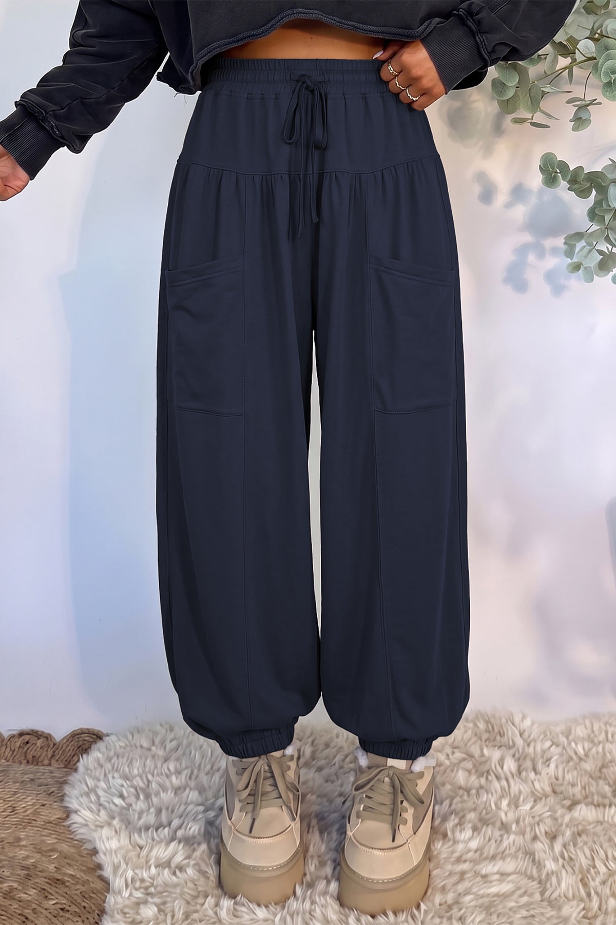 Dirty blue Elastic Waist Drawstring Wide Leg Full Length Pants
