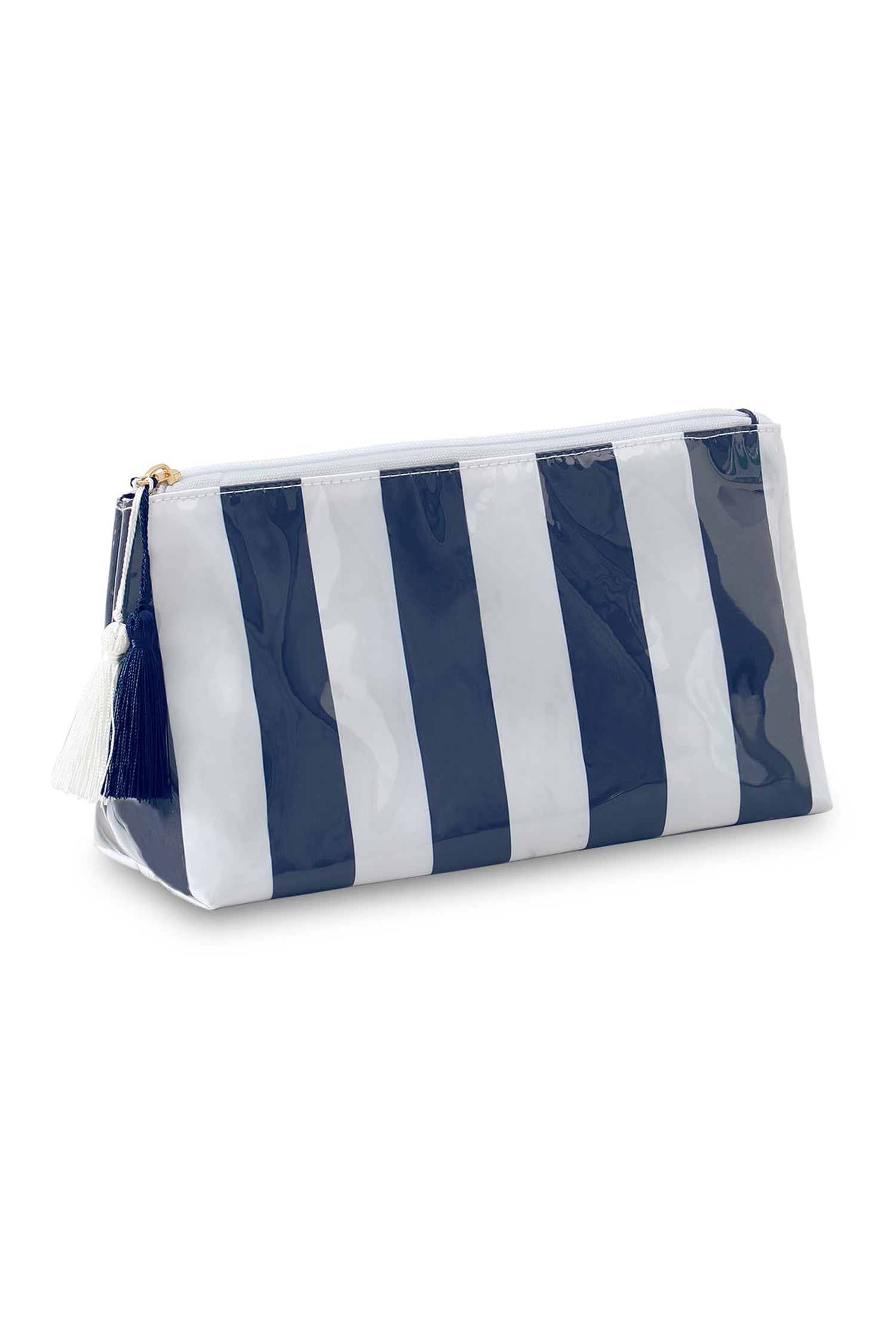 Navy Blue Striped Vinyl Waterproof Tassel Zipper Makeup Bag