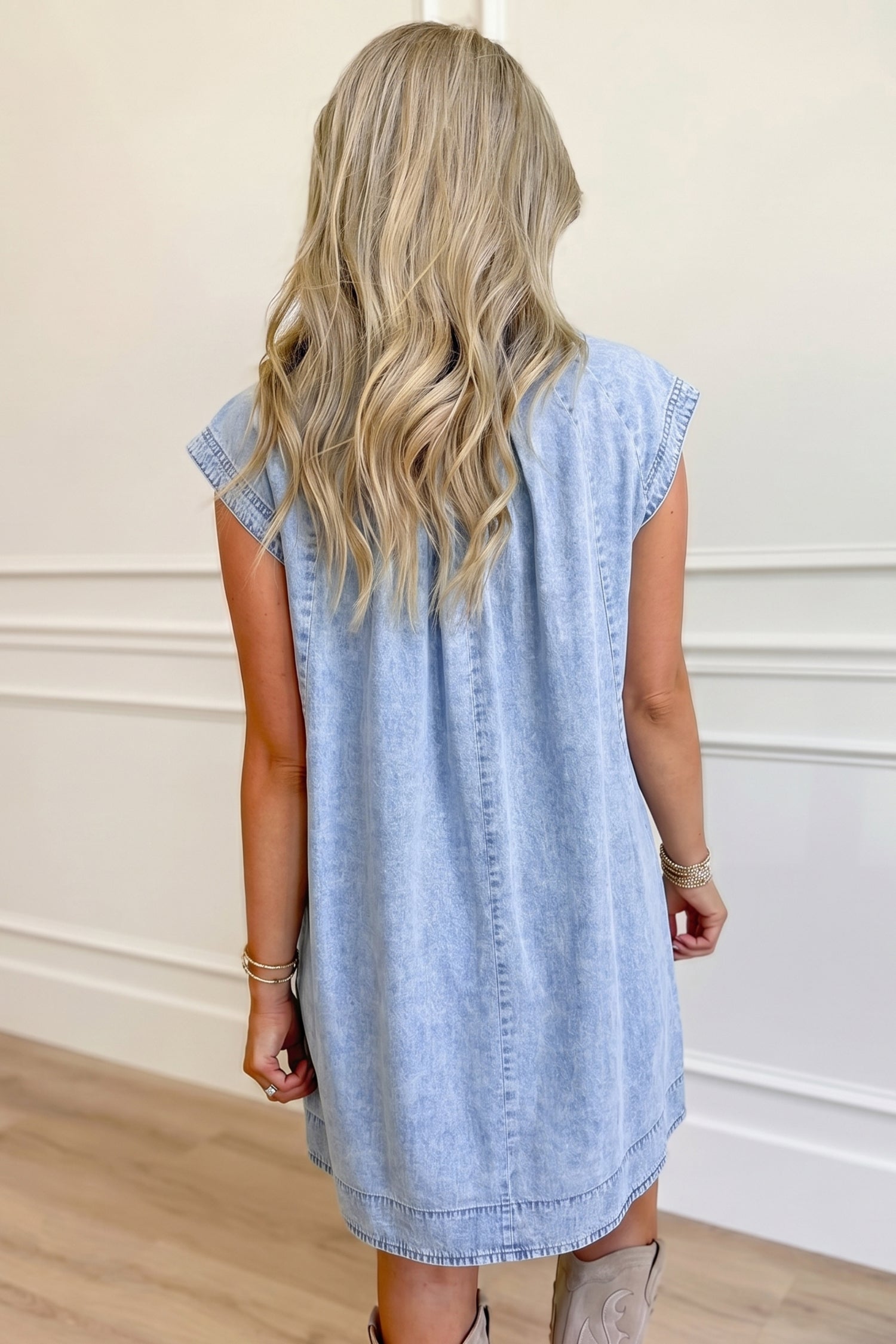 Beau Blue Cap Sleeve Pleated Round Neck Denim Shift Dress