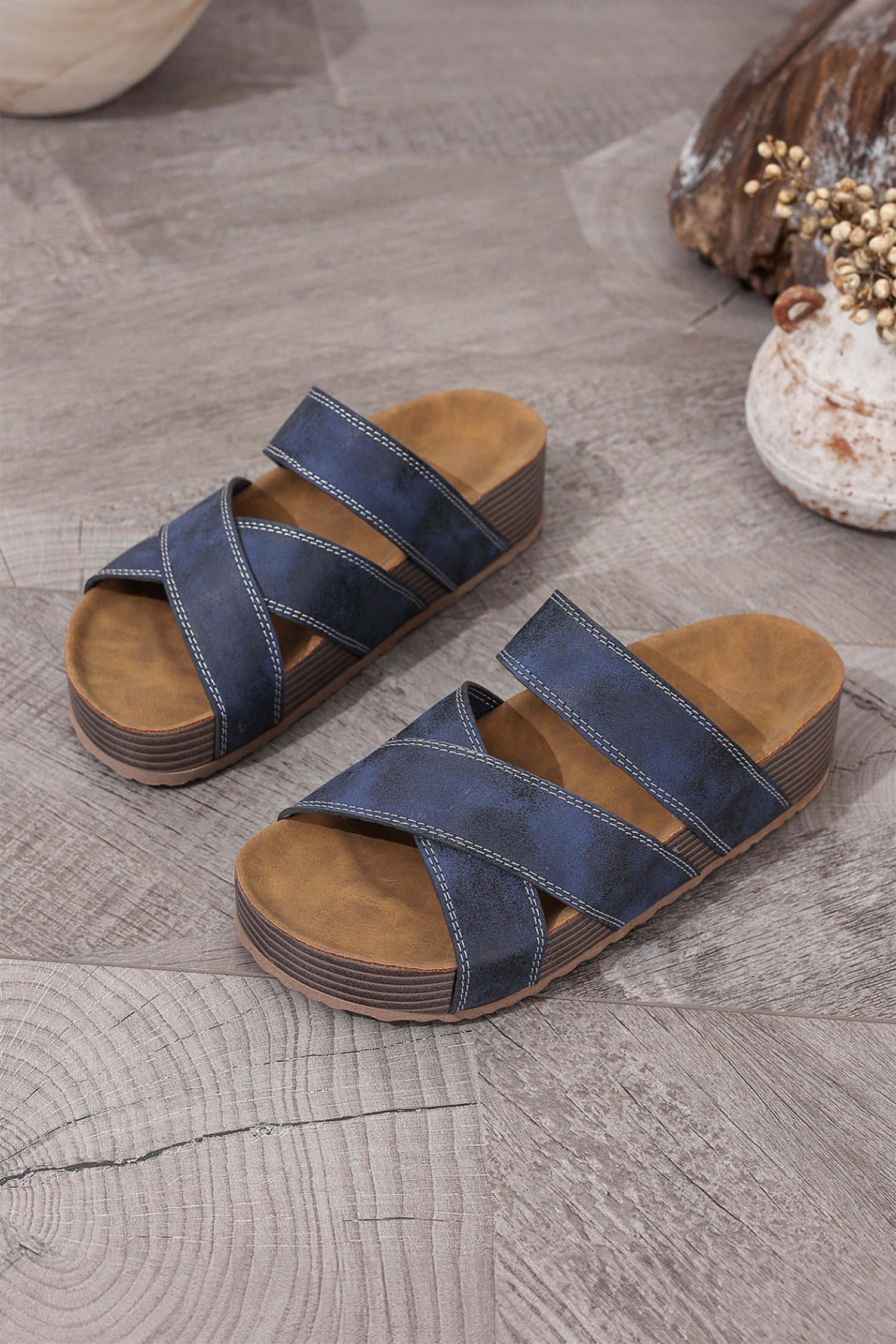Sail Blue Contrast Stitch Crossed Band Retro Platform Slippers