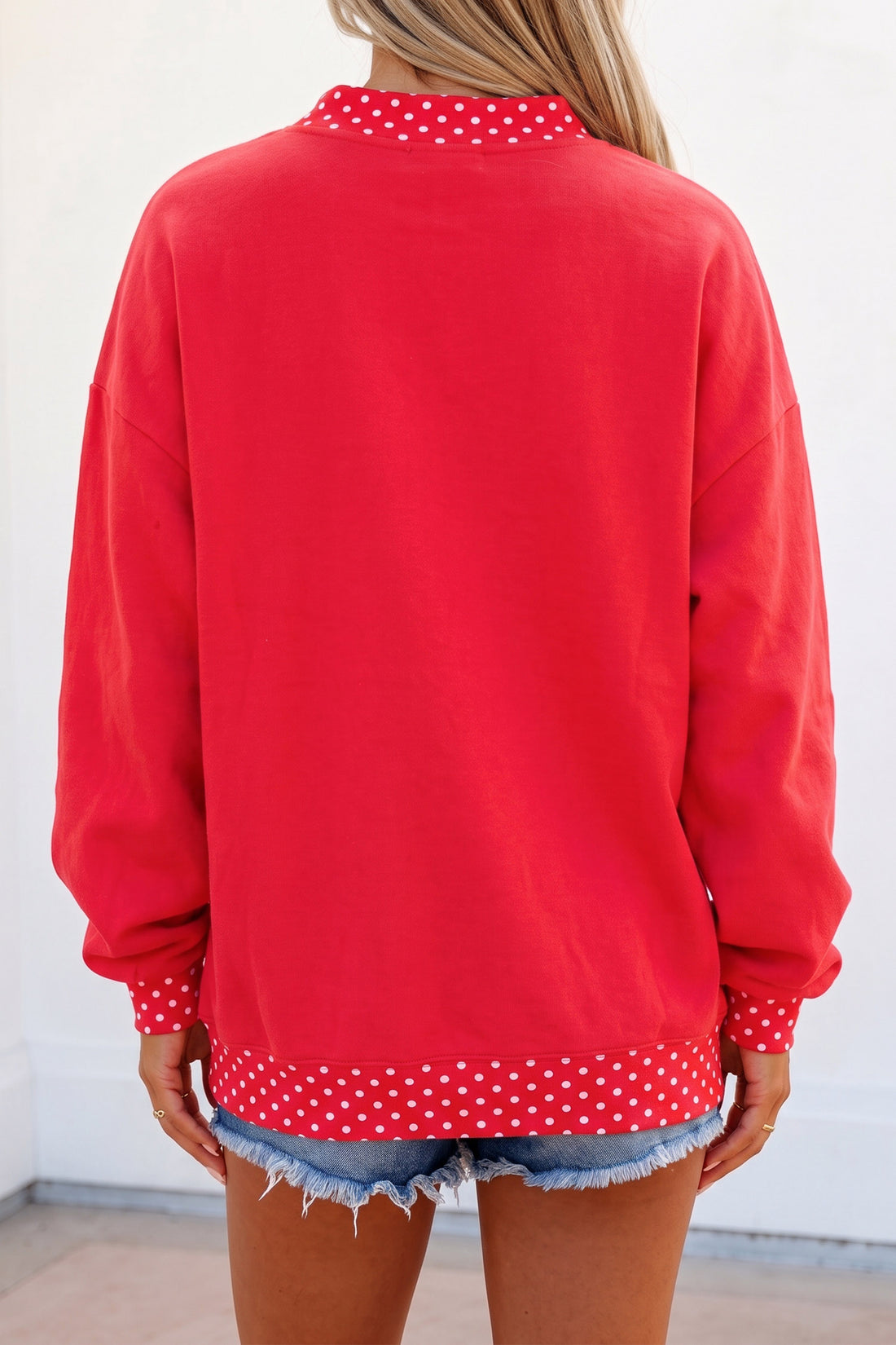Red Polka Dot Trim Mock Neck Football Letter Graphic Baggy Sweatshirt