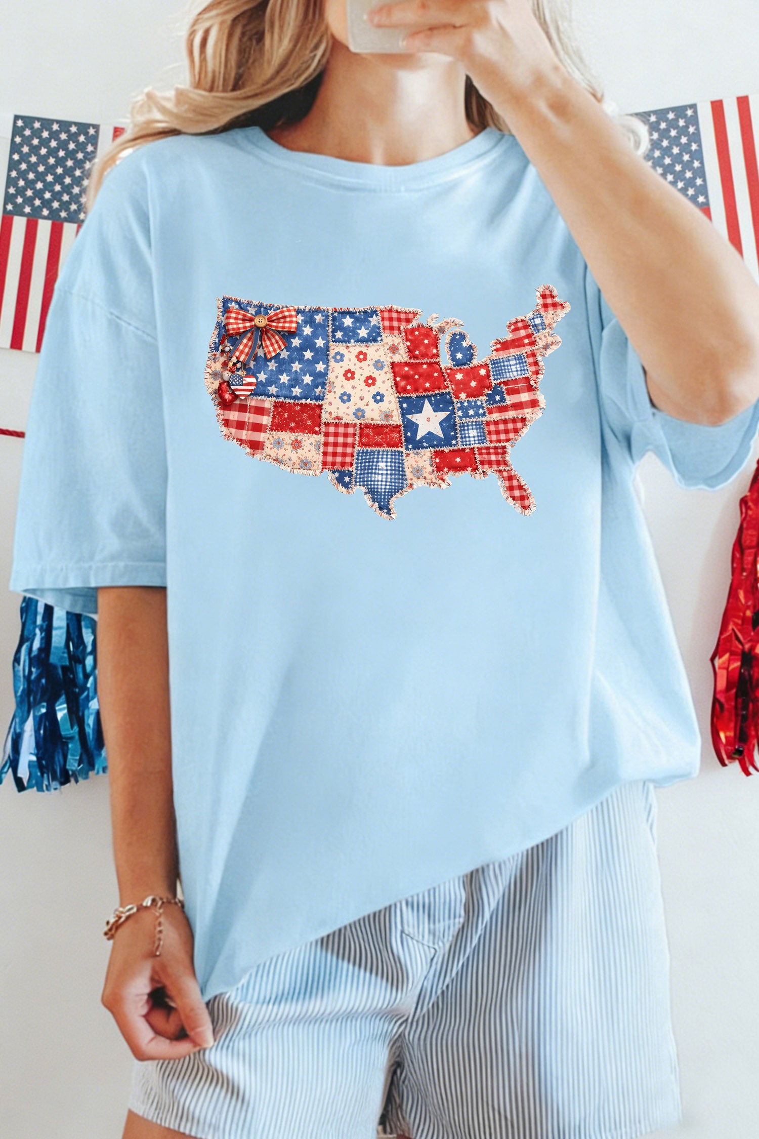 Light Blue Faux Patchwork Print American Patriotic Graphic Tee