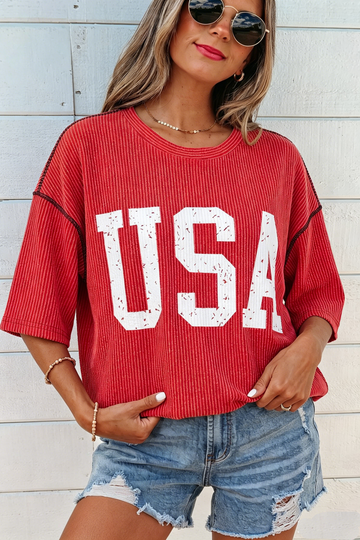 Fiery Red USA Graphic Half Sleeve Loose Ribbed Top
