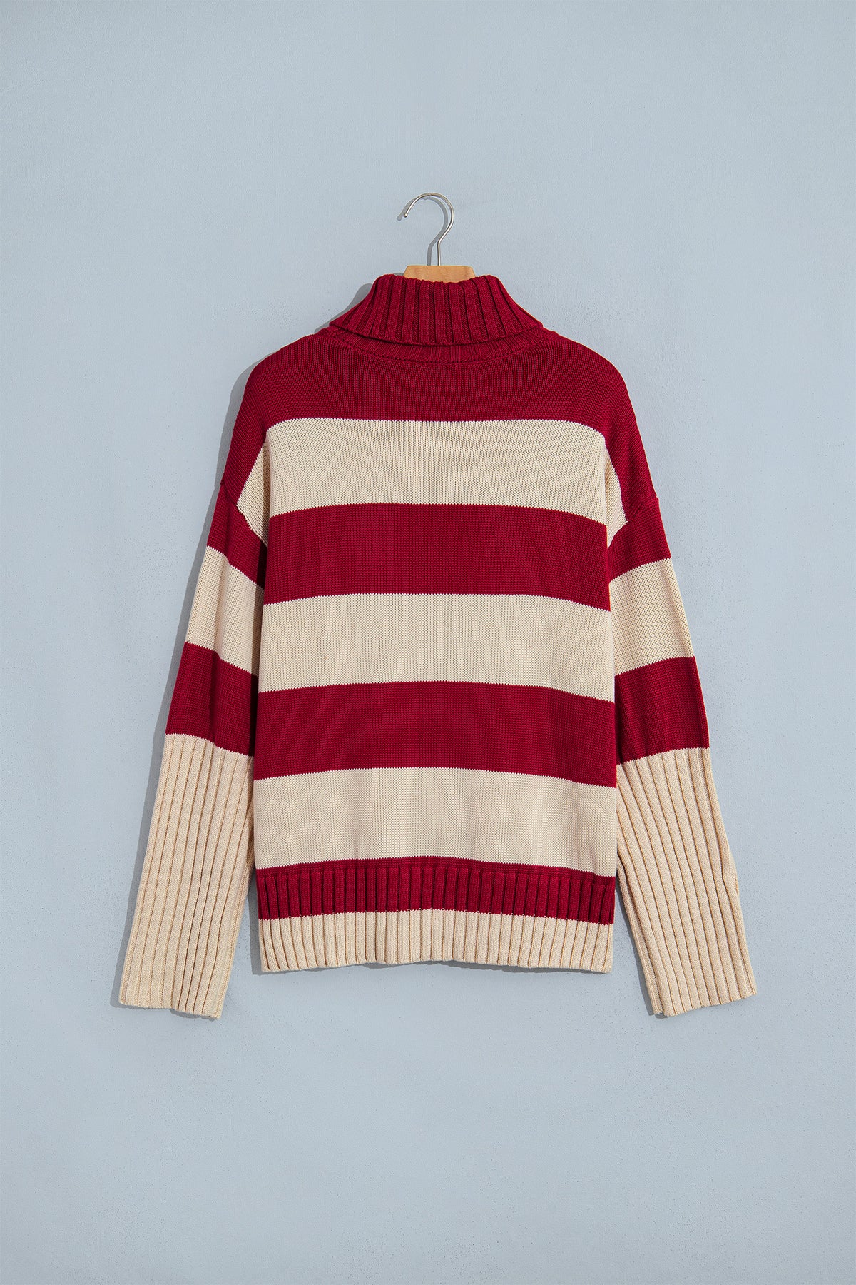 Red Stripe Ribbed Trim High Neck Relaxed Pullover Sweater