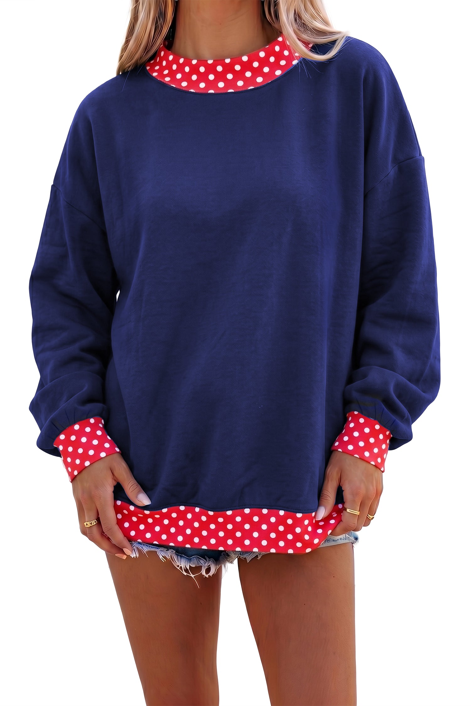 Dirty blue Colorblock Polka Dot Contrast Trim Oversized Sweatshirt