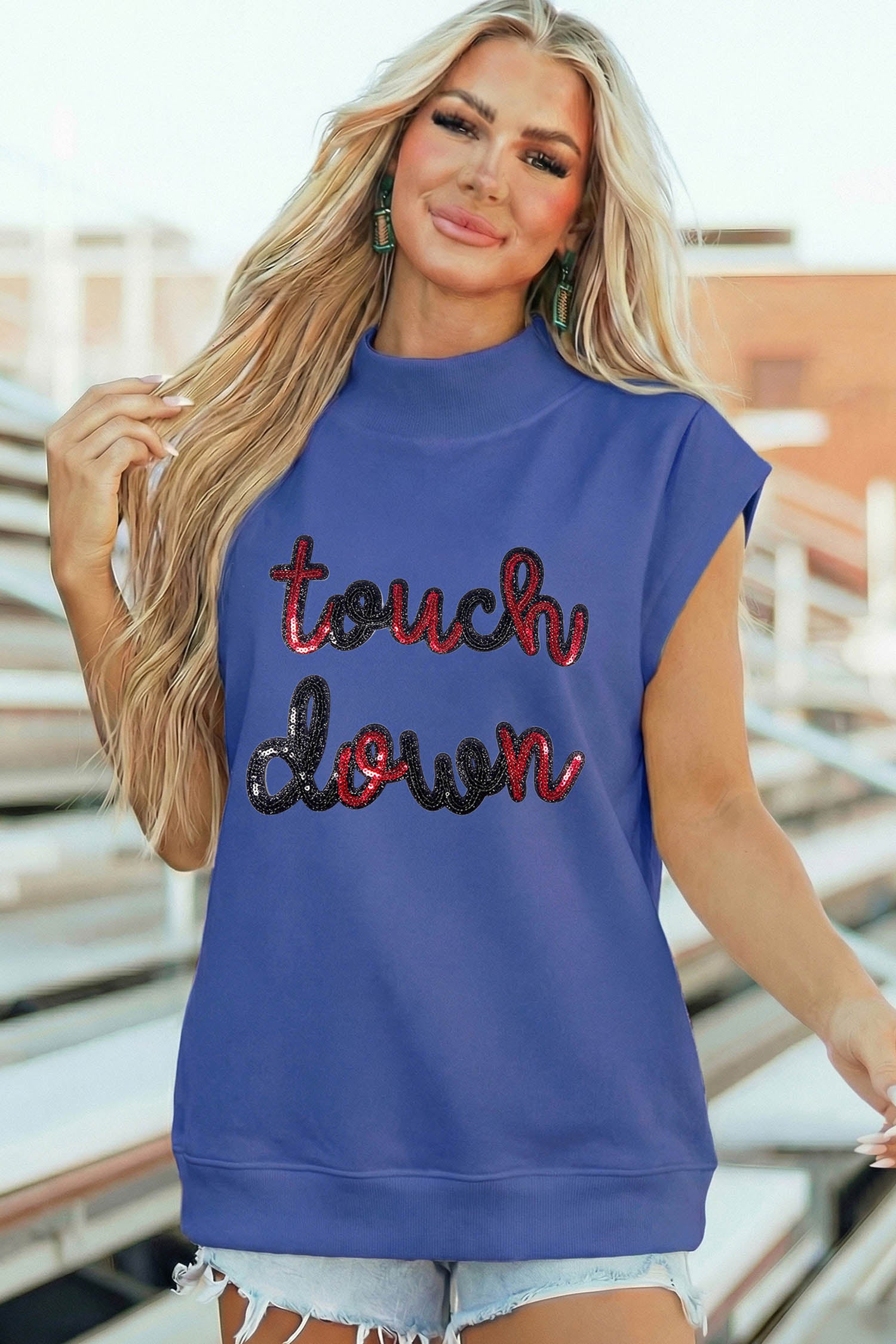Sky Blue Touch Down Sequin Game Day Graphic High Neck Cap Sleeve Top