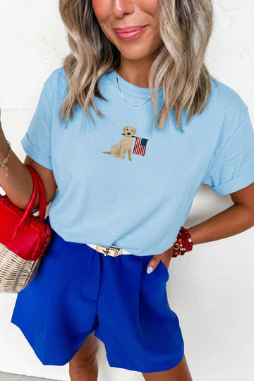 Light Blue Embroidered Dog Holding American Flag Graphic T Shirt