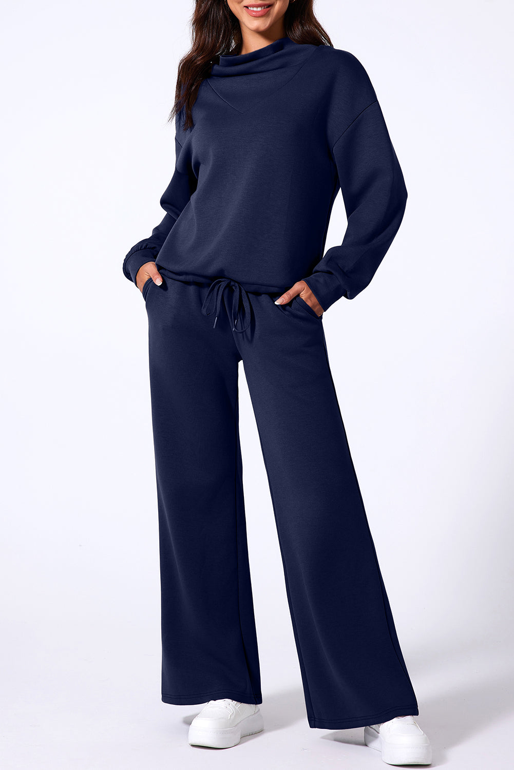 Navy Blue Solid Color Cowl Neck Drawstring Pullover Wide Leg Athleisure Pants Set