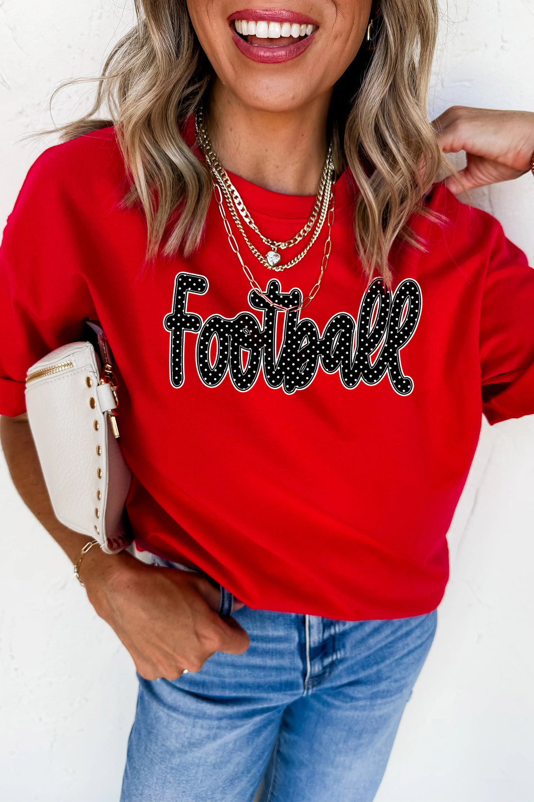 Red Football Polka Dot Letter Graphic Game Day T Shirt