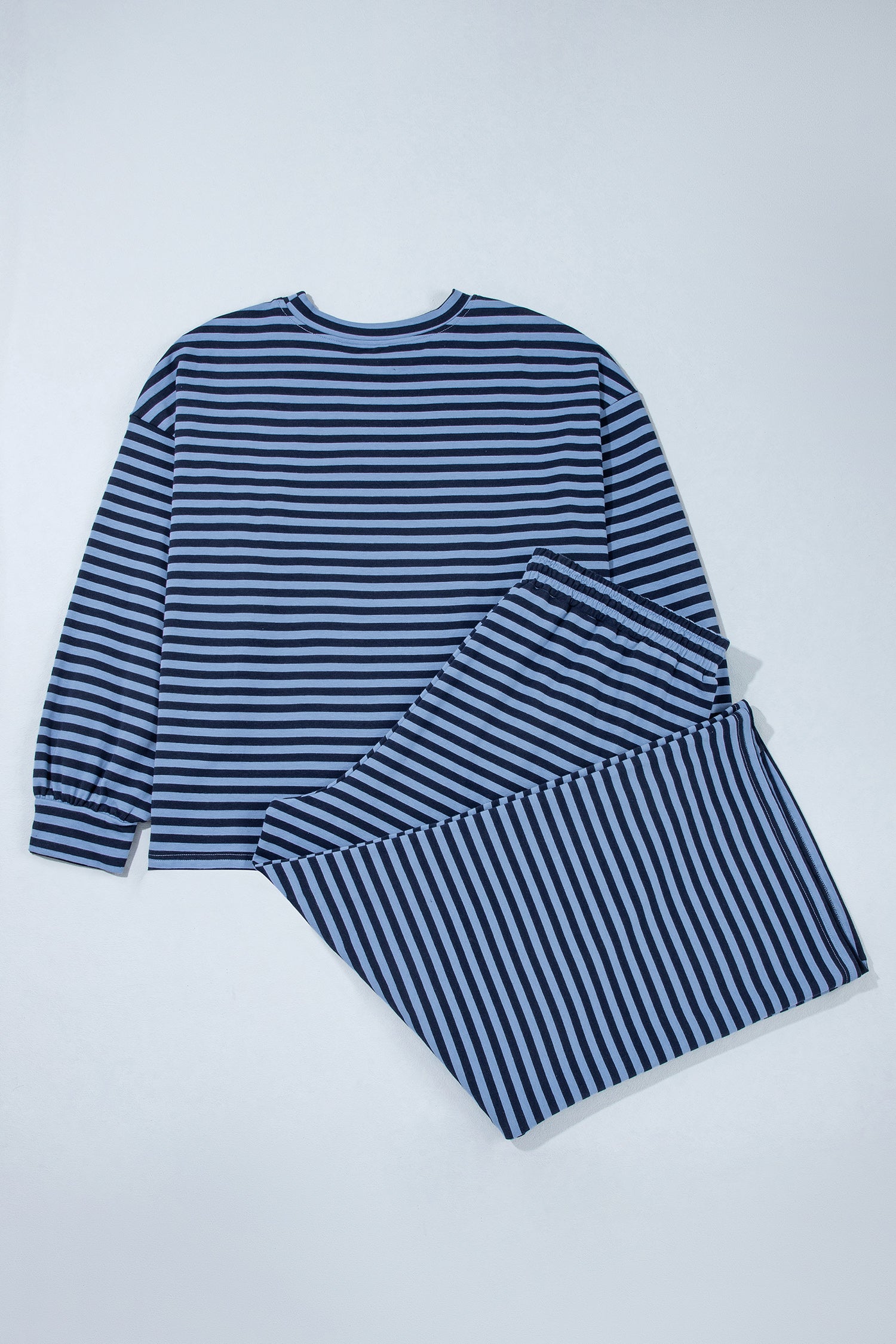 Blue Stripe Long Sleeve Drawstring Waist Plus Size Lounge Pants Set