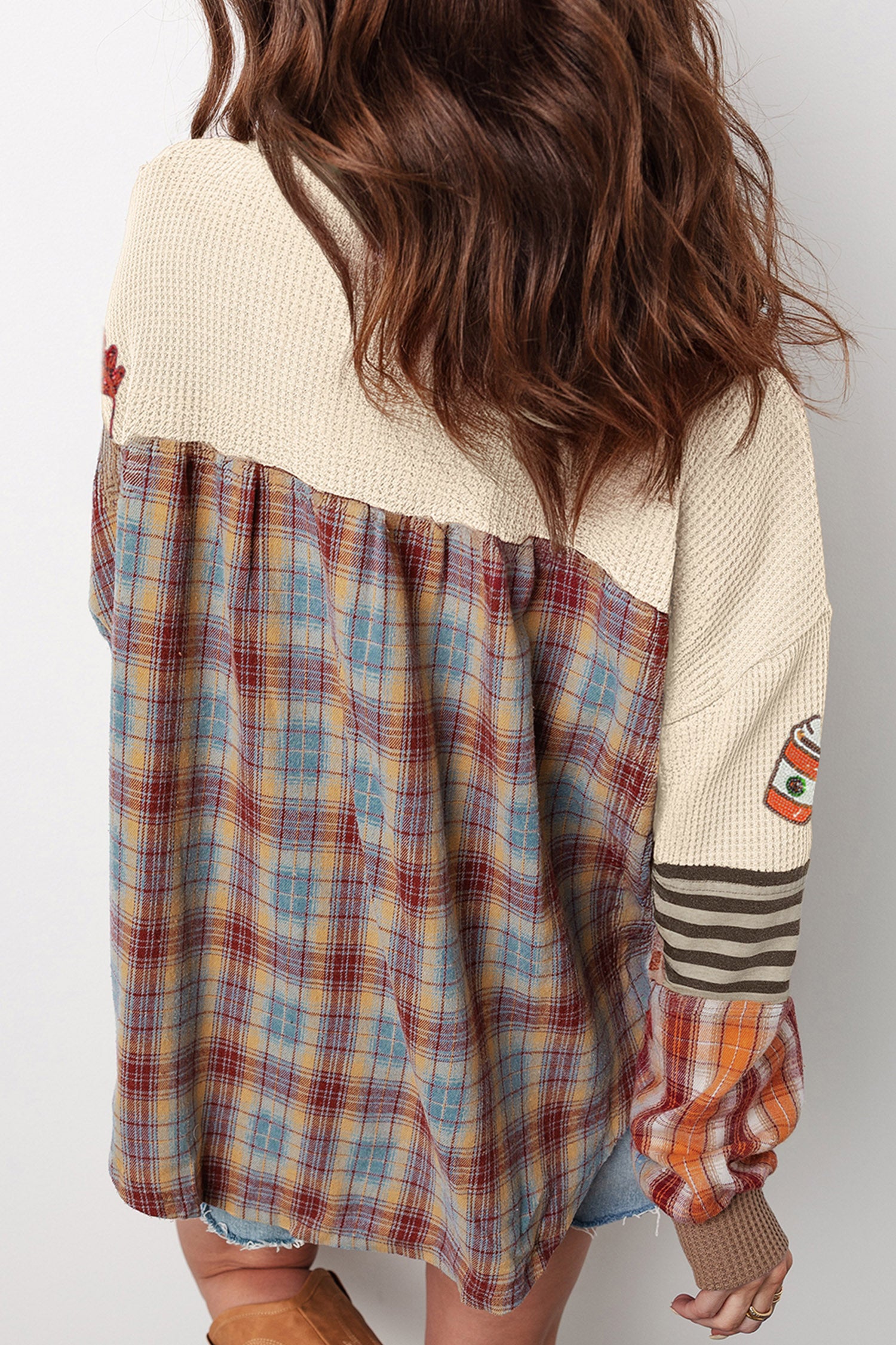 Beige Sequined Fall Vibe Pattern Plaid Stripes Patchwork Waffle Top
