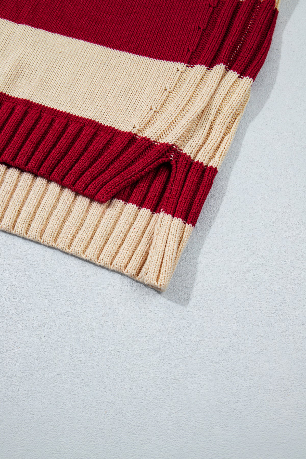 Red Stripe Ribbed Trim High Neck Relaxed Pullover Sweater