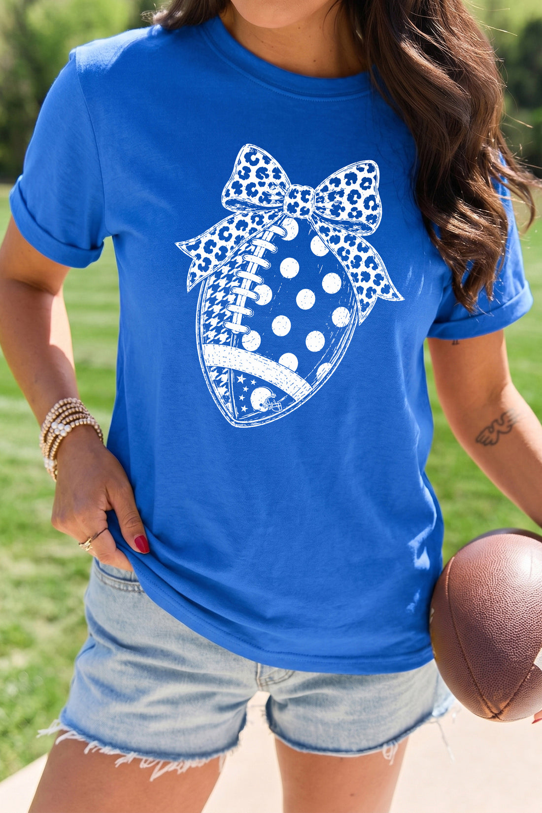 Dark Blue Leopard Bow Polka Dot Football Graphic Game Day T Shirt