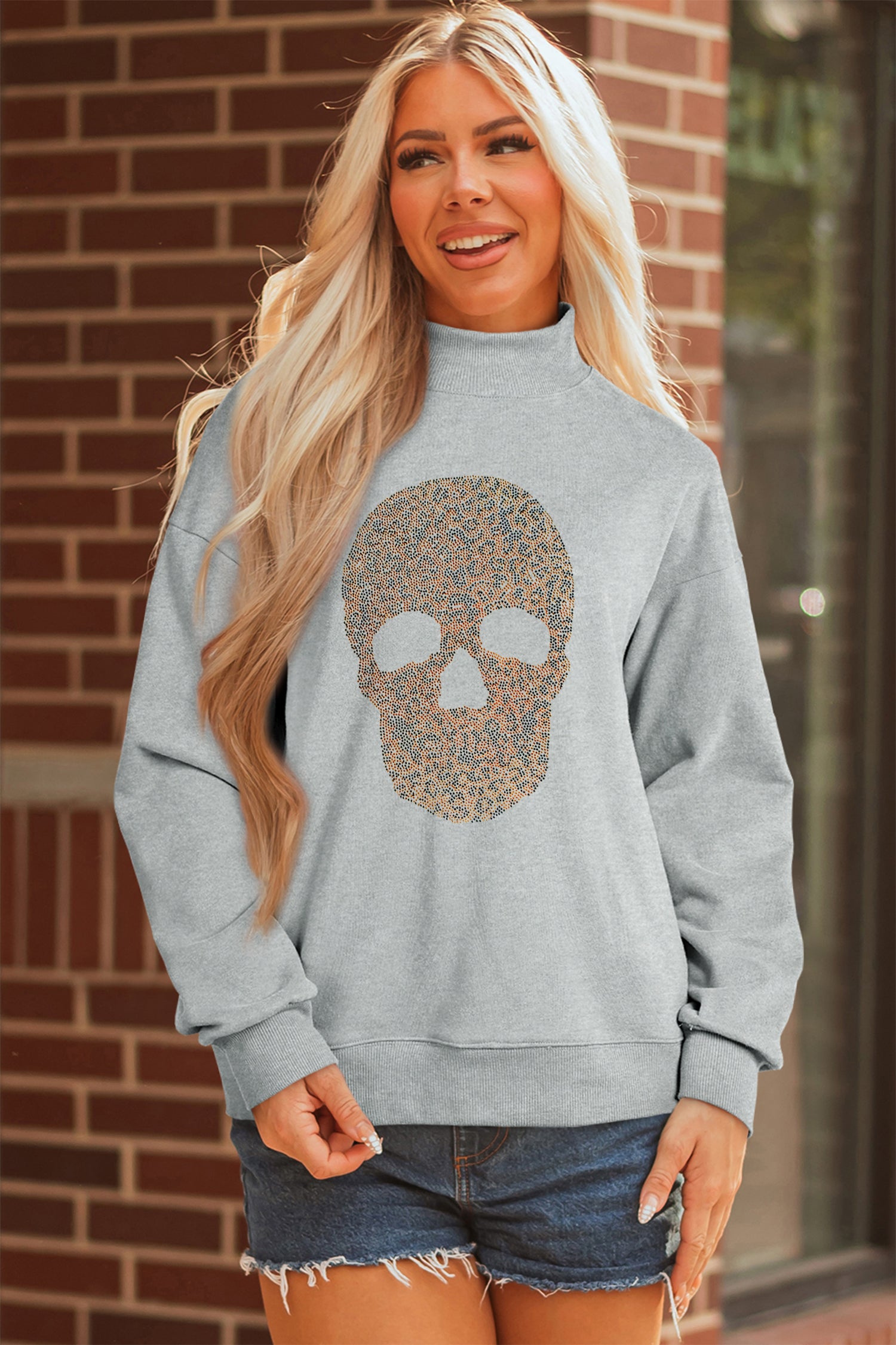 Gray Halloween Rhinestone Skull Graphic Mock Neck Baggy Pullover Sweatshirt