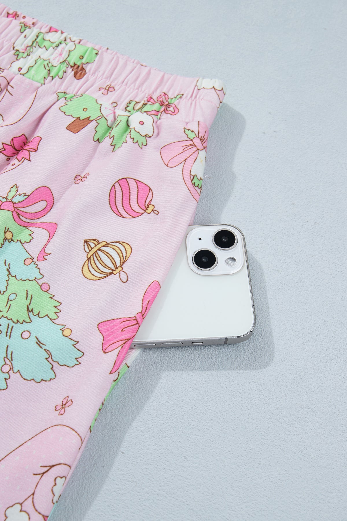 Pink Christmas Print Button Front Long Sleeve Lounge Set