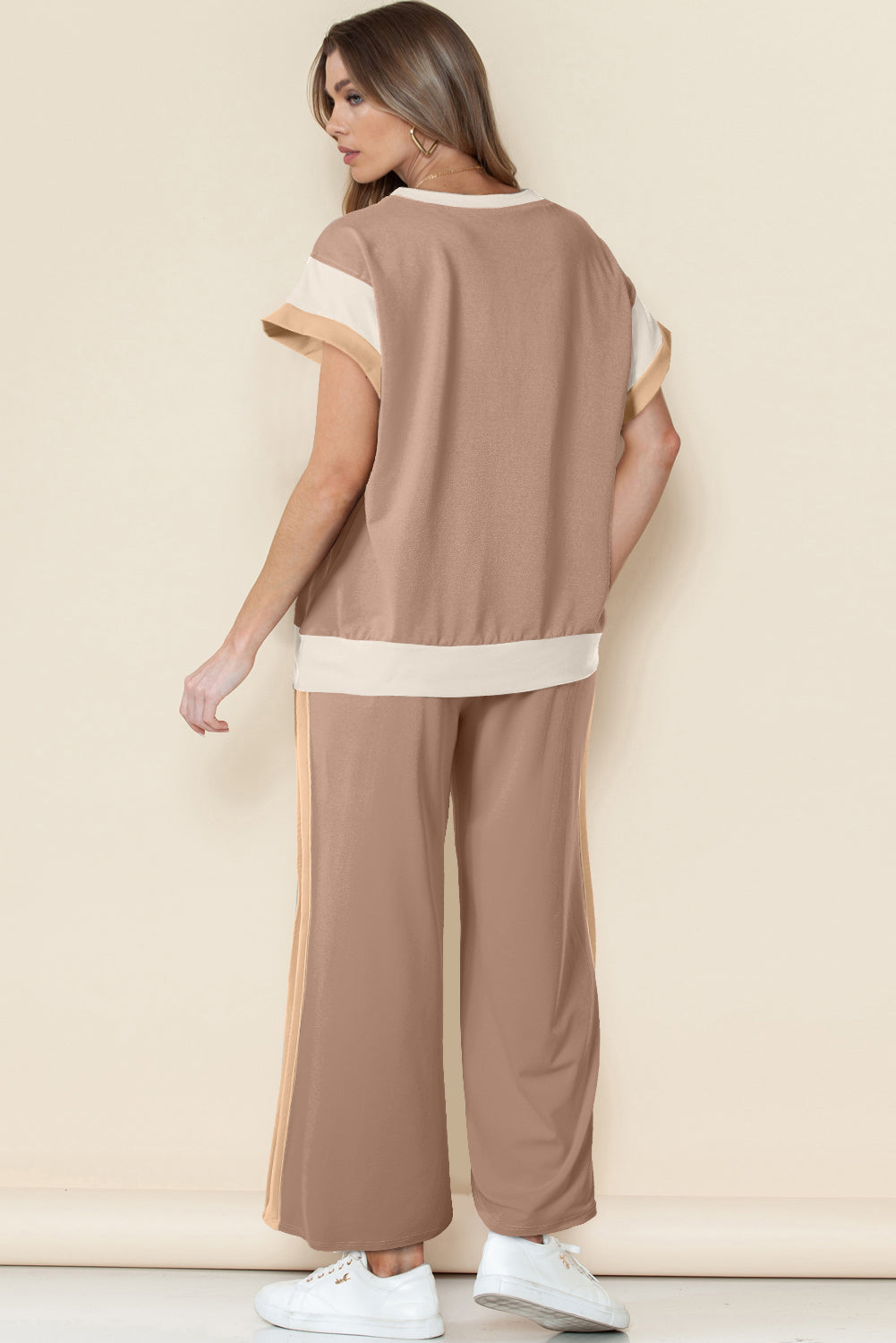 Smoke Gray Color Block Detail Casual Two-piece Set