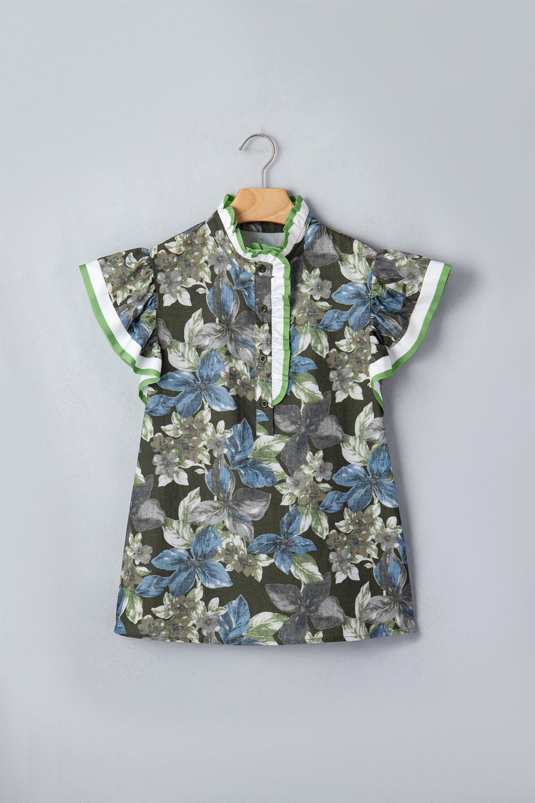 Green Ruffled Short Sleeve Floral Summer Blouse