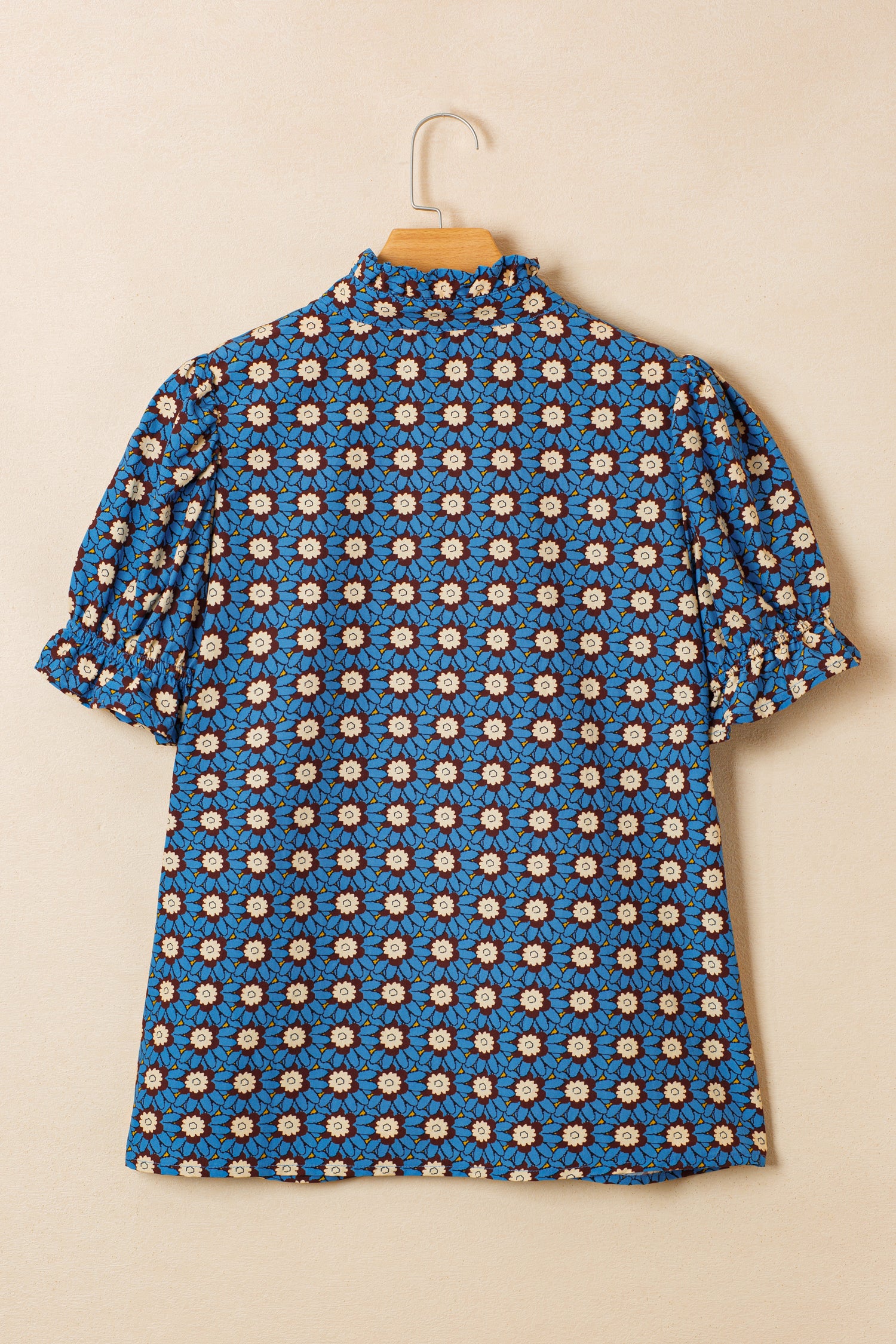 Sky Blue Retro Floral Print V Neck Pleated Detail Short Puff Sleeve Blouse