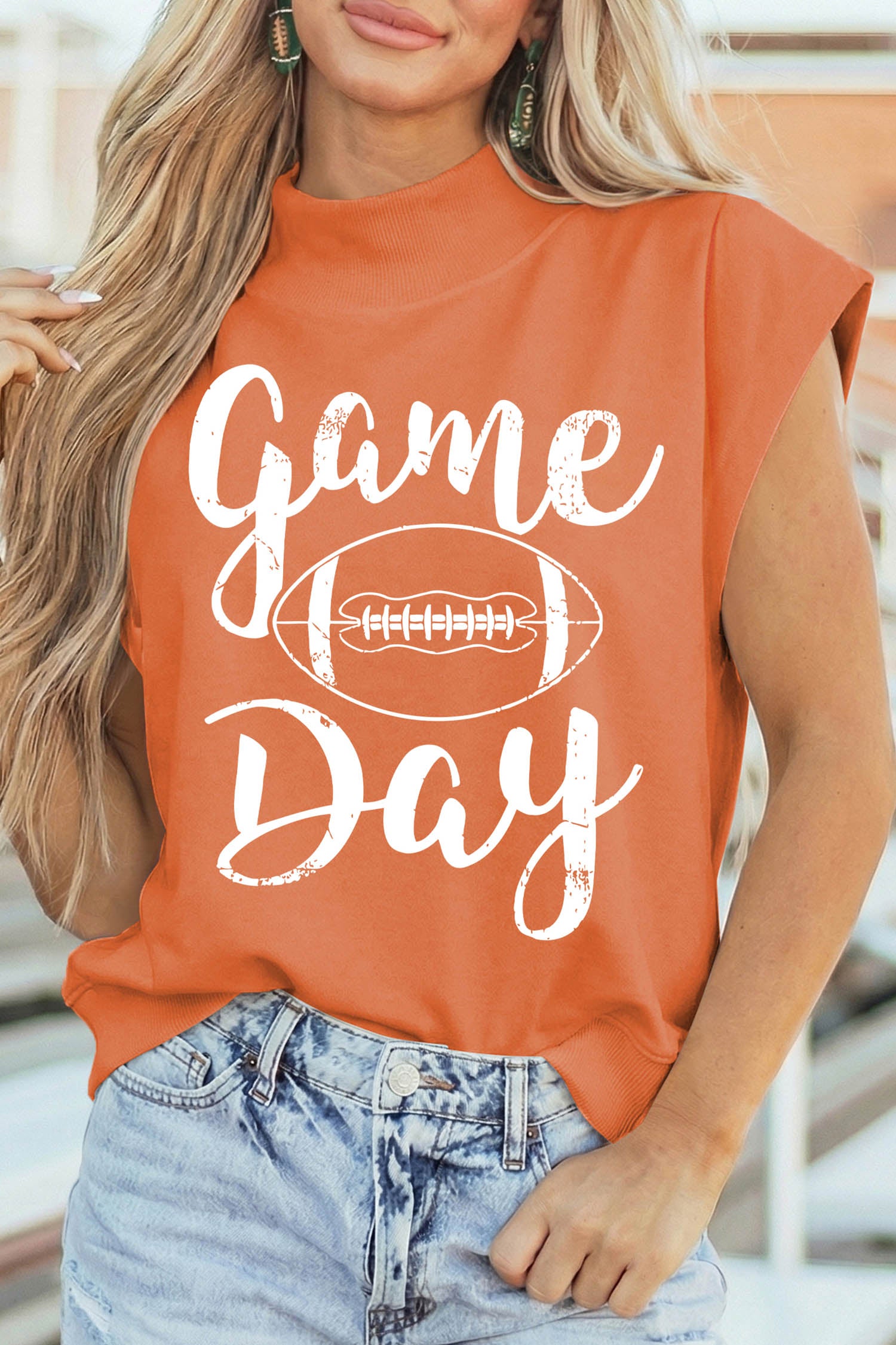 Orange Game Day Rugby Graphic High Neck Short Sleeve Tunic Top