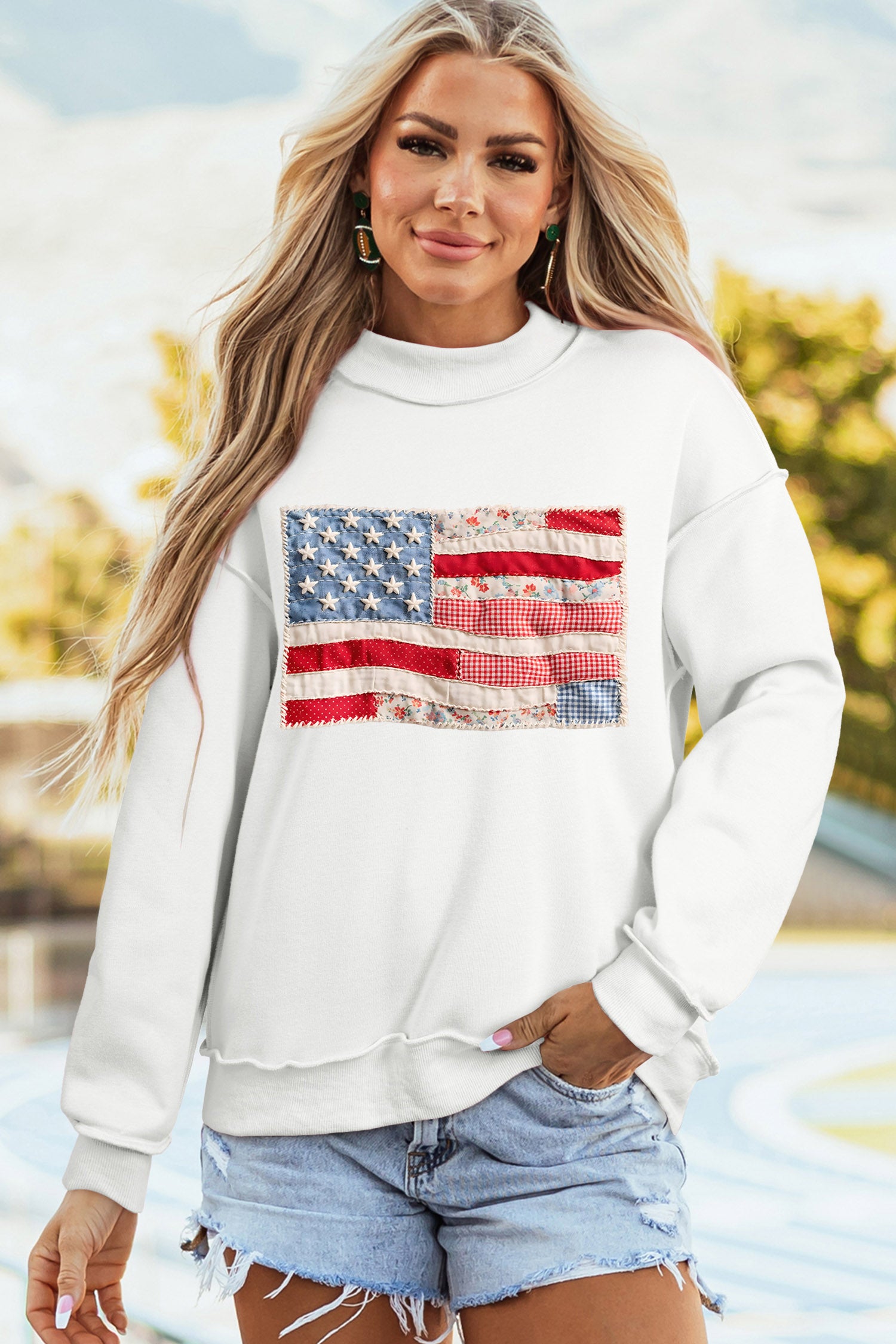 White Faux Patchwork Print USA Flag Double Side Printed Reversible Sweatshirt